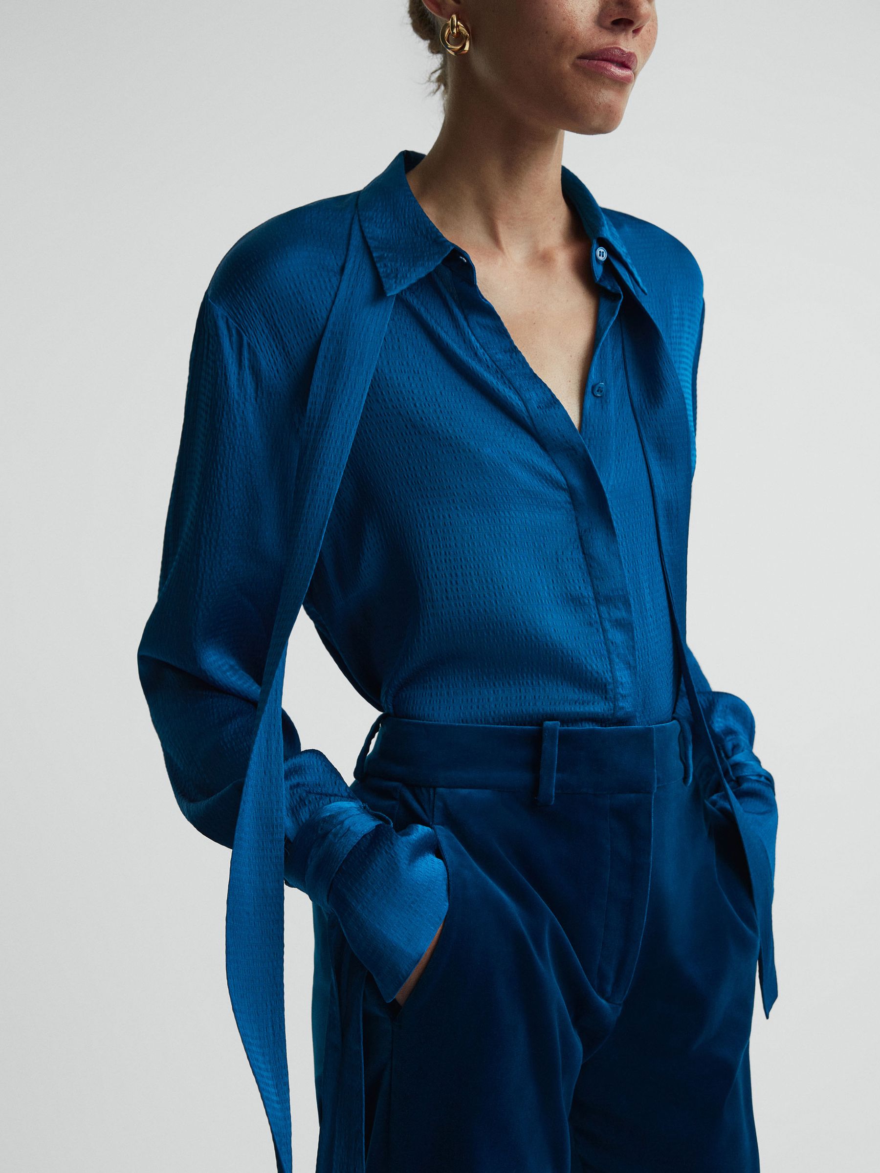 Hammered Satin Removable Tie Detail Blouse in Dark Blue - Image 4 of 7