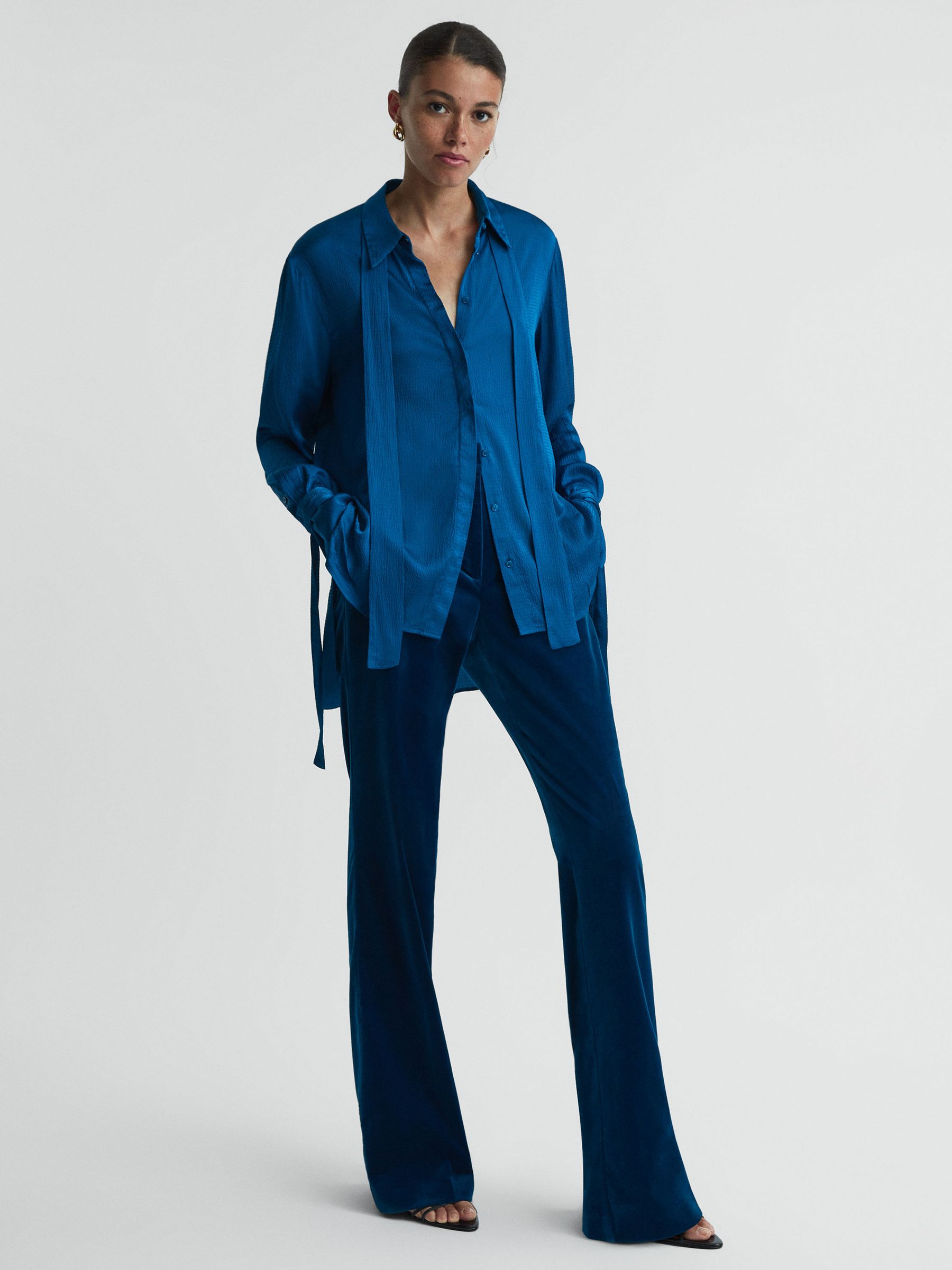 Hammered Satin Removable Tie Detail Blouse in Dark Blue - Image 6 of 7