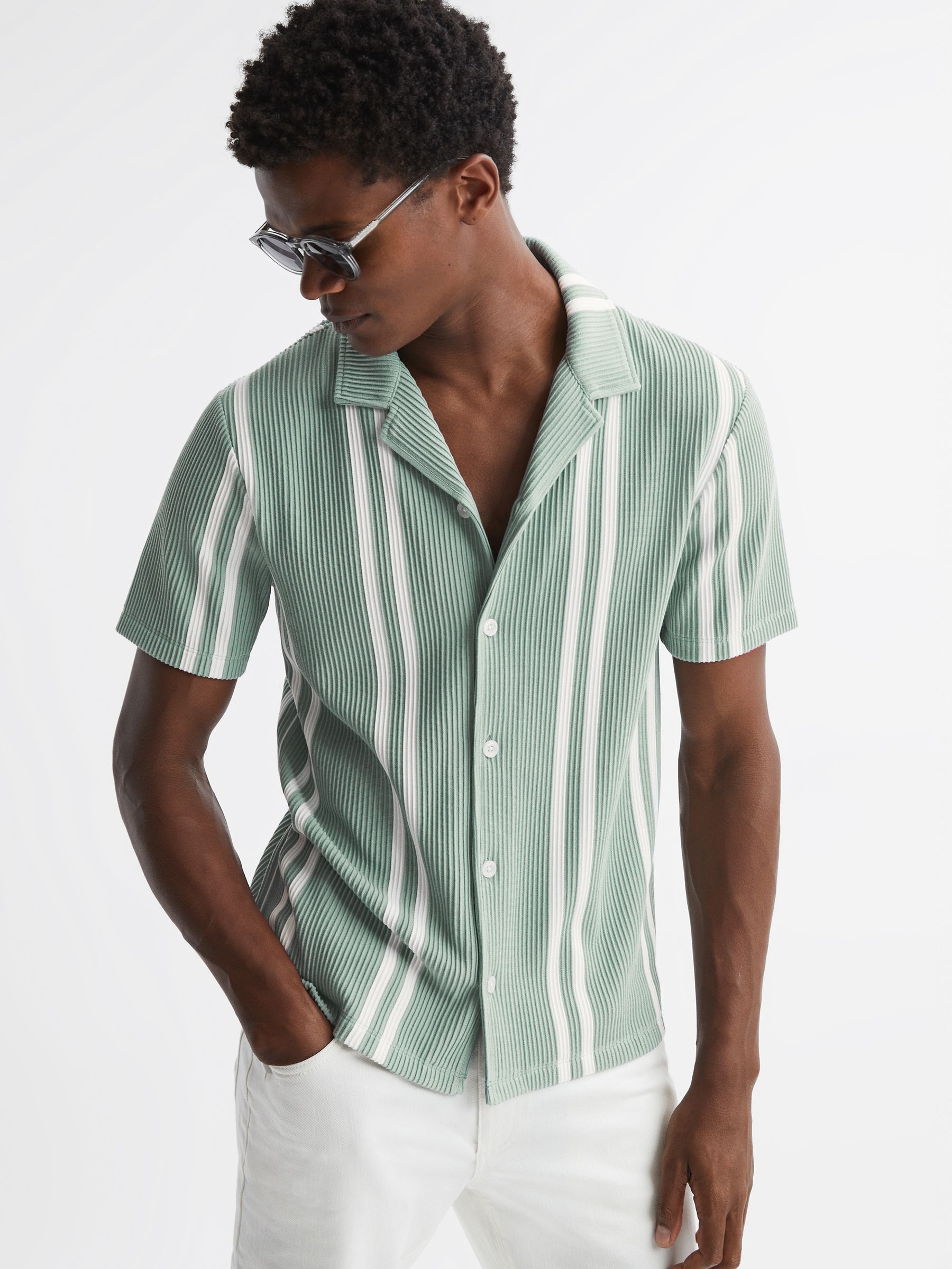 Ribbed Striped Cuban Collar Shirt in Sage/White - Image 1 of 4