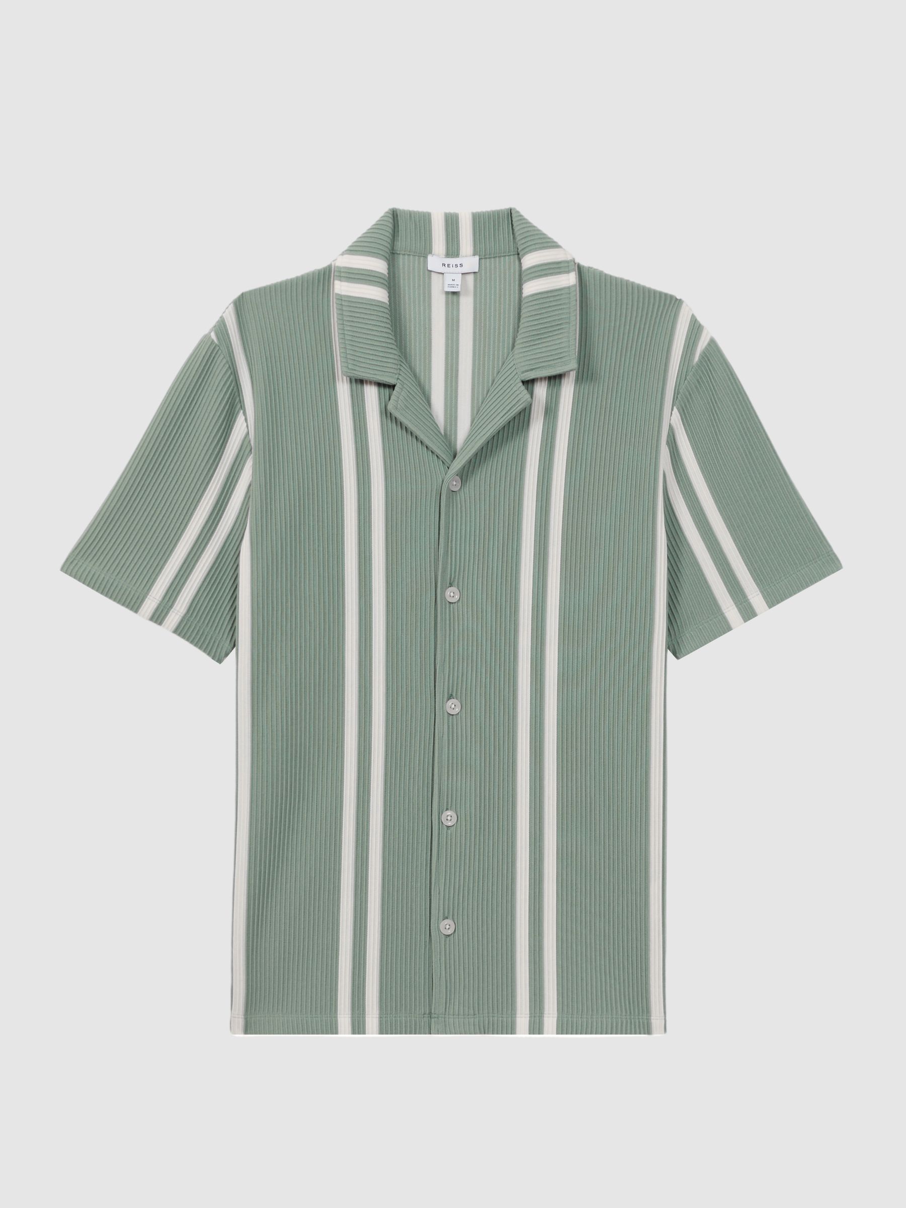 【SATIIIZ】Pierre Stripe Collar Tee Reiss Ribbed Striped Cuban Collar Shirt in Sage/White - REISS