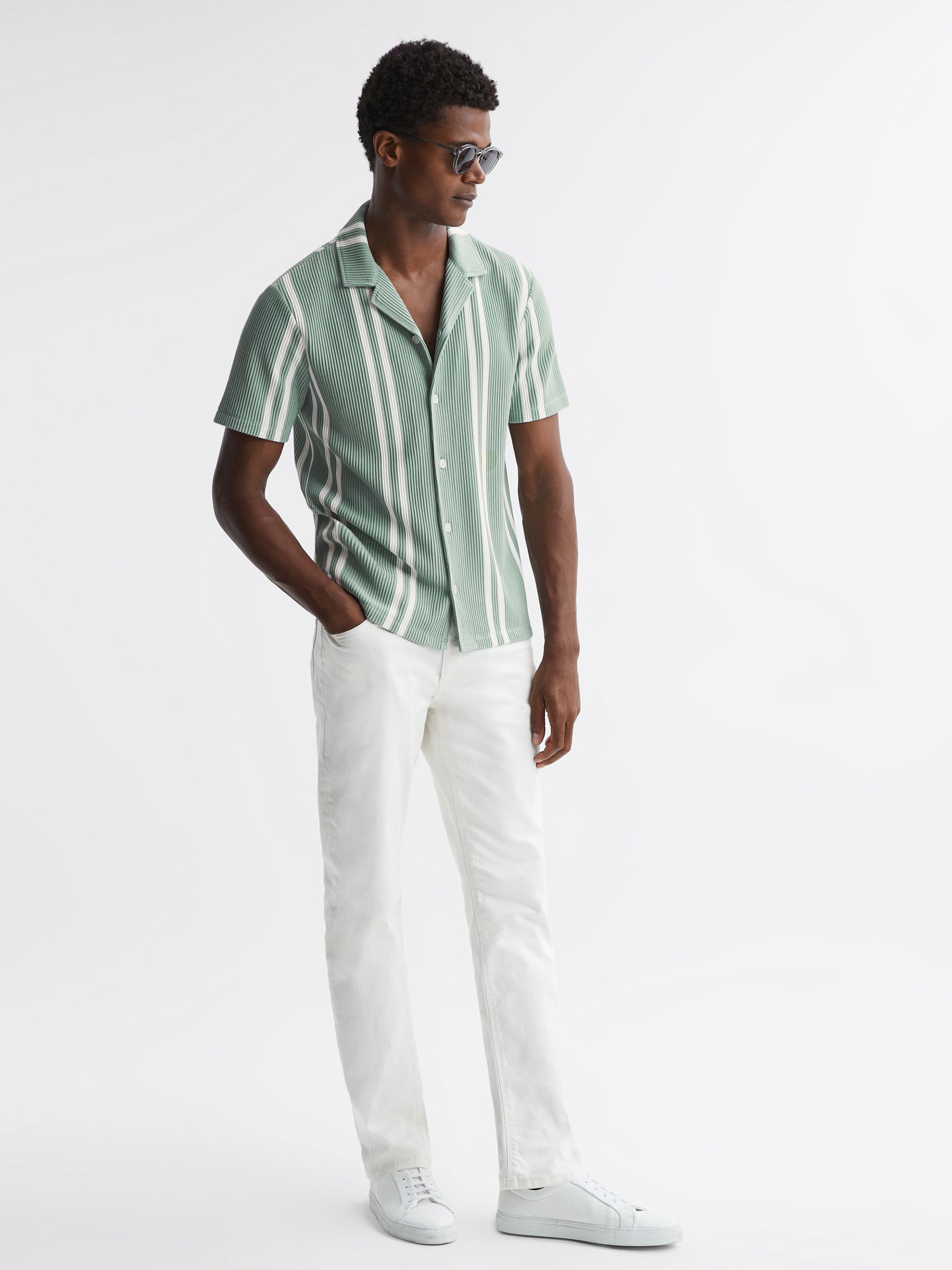 Ribbed Striped Cuban Collar Shirt in Sage/White - Image 3 of 4