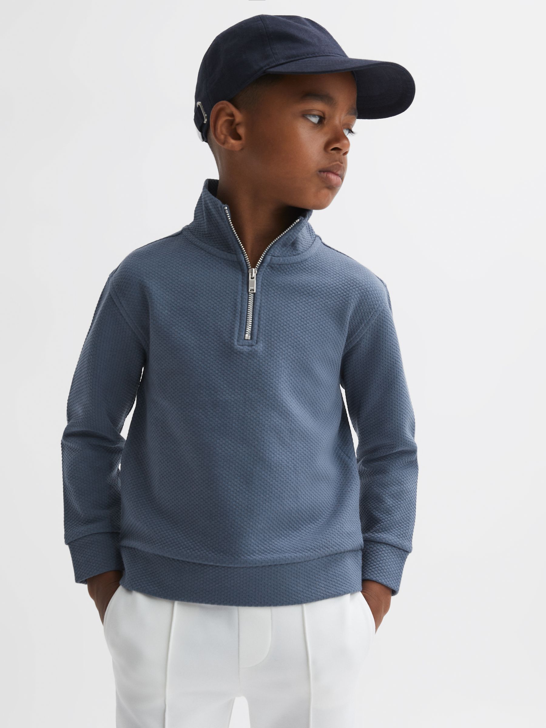 3-9 yrs Textured Half-Zip Funnel Neck Top in Airforce Blue - Image 1 of 6