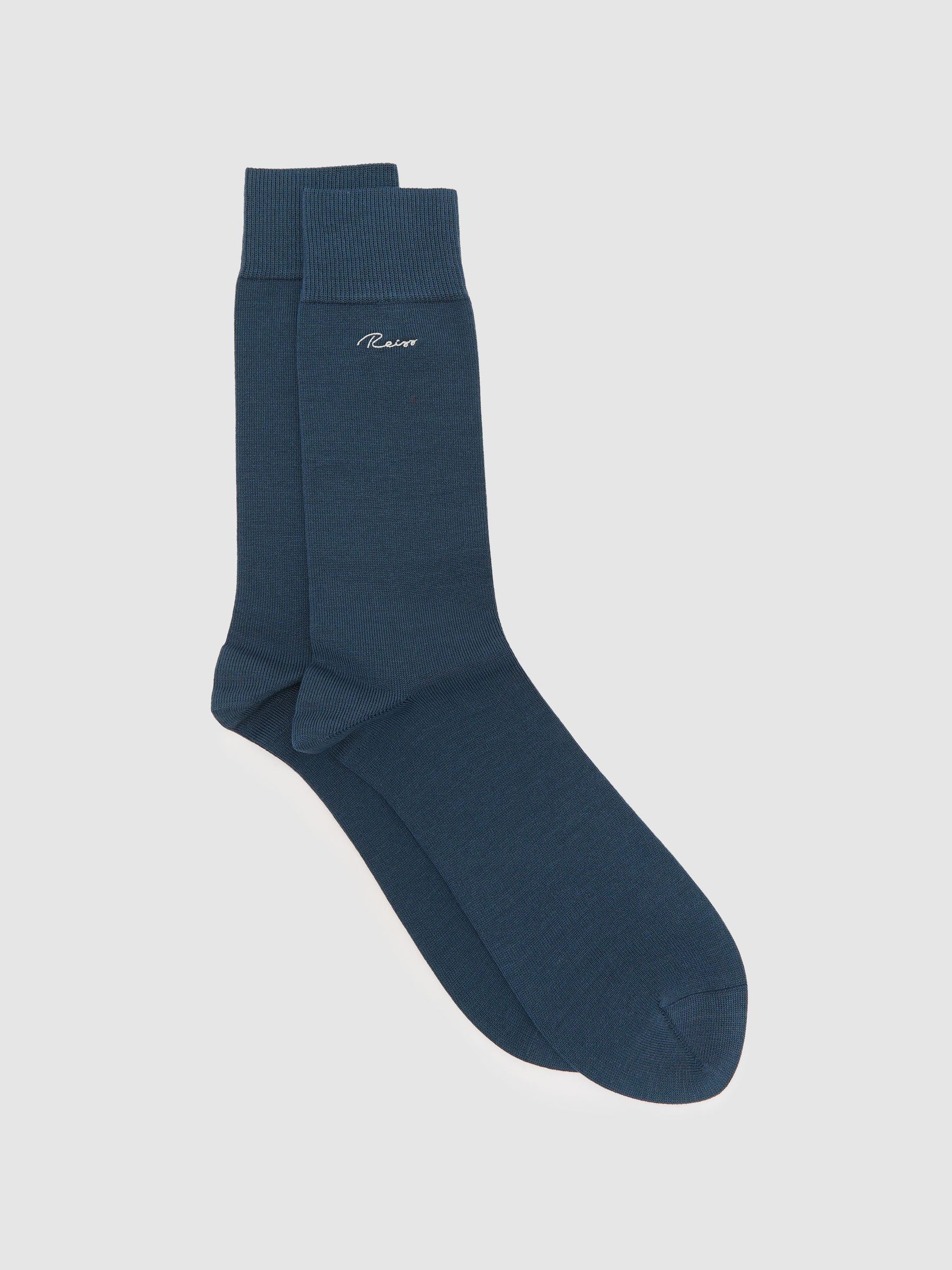 Mercerised Cotton-Blend Script-Logo Socks in Petrol Blue - Image 1 of 3