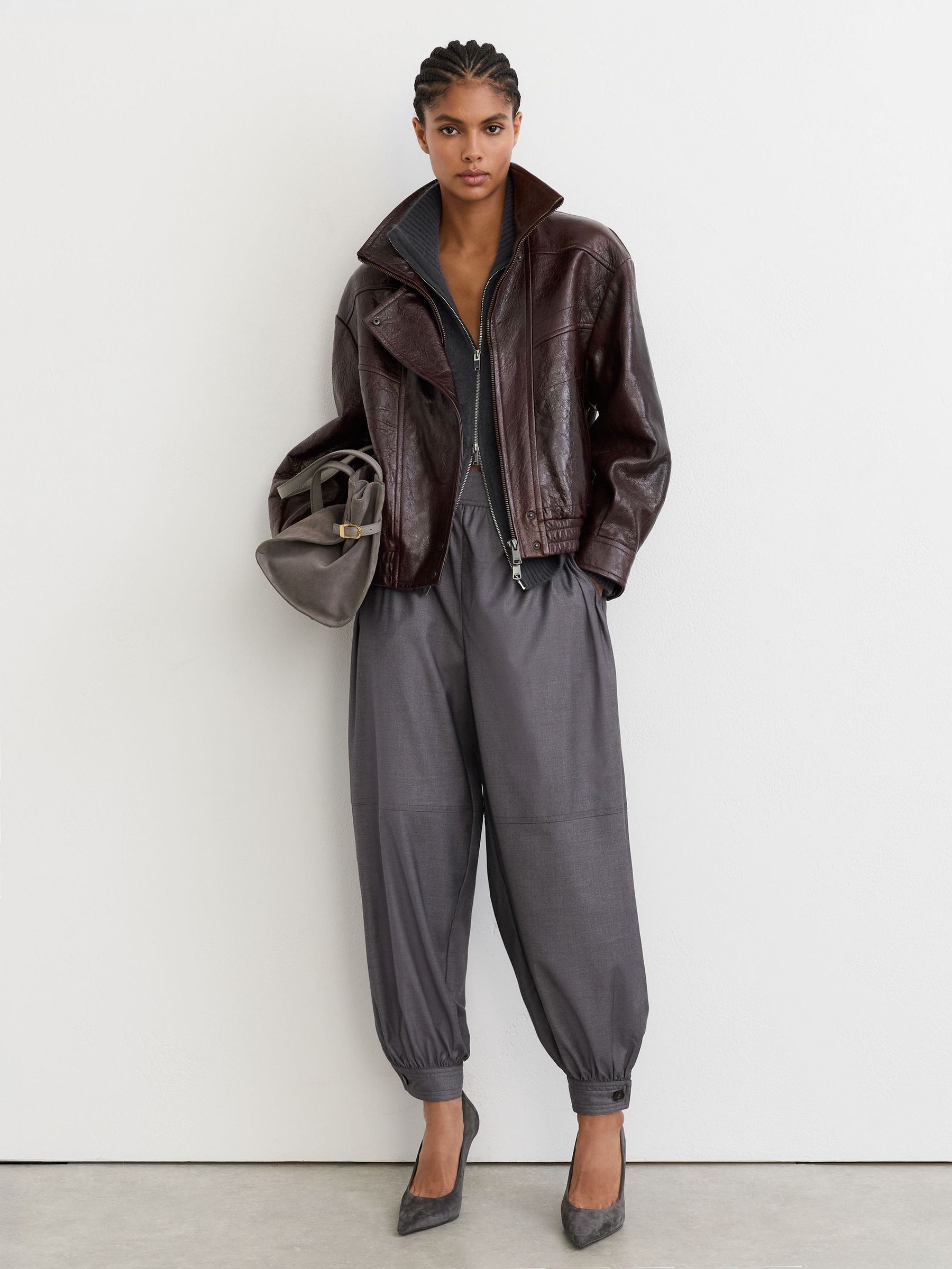 Petite Cuffed Balloon-Leg Trousers in Grey by Reiss