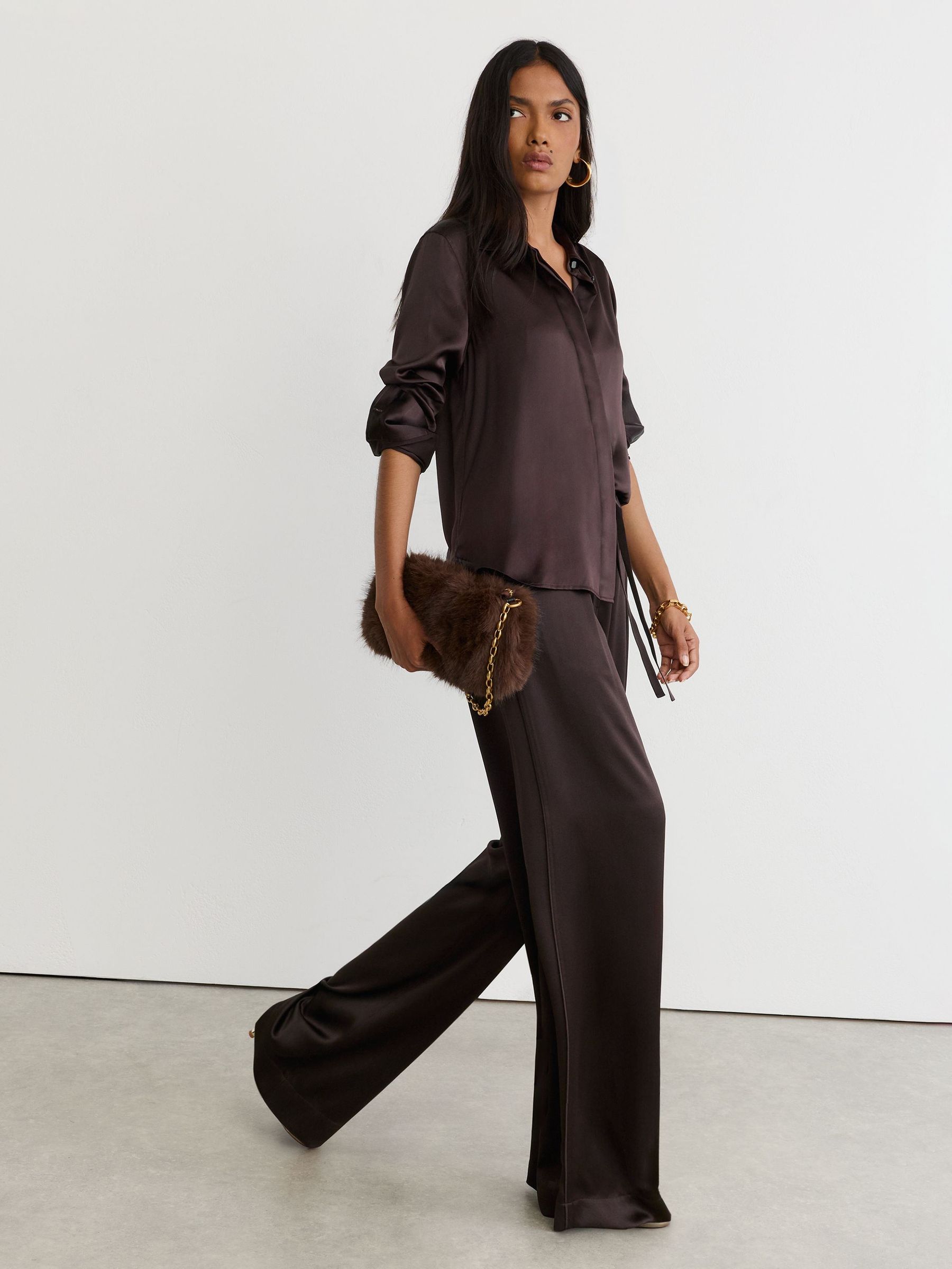 Silk Wide-Leg Trousers in Grape Burgundy - Image 1 of 8