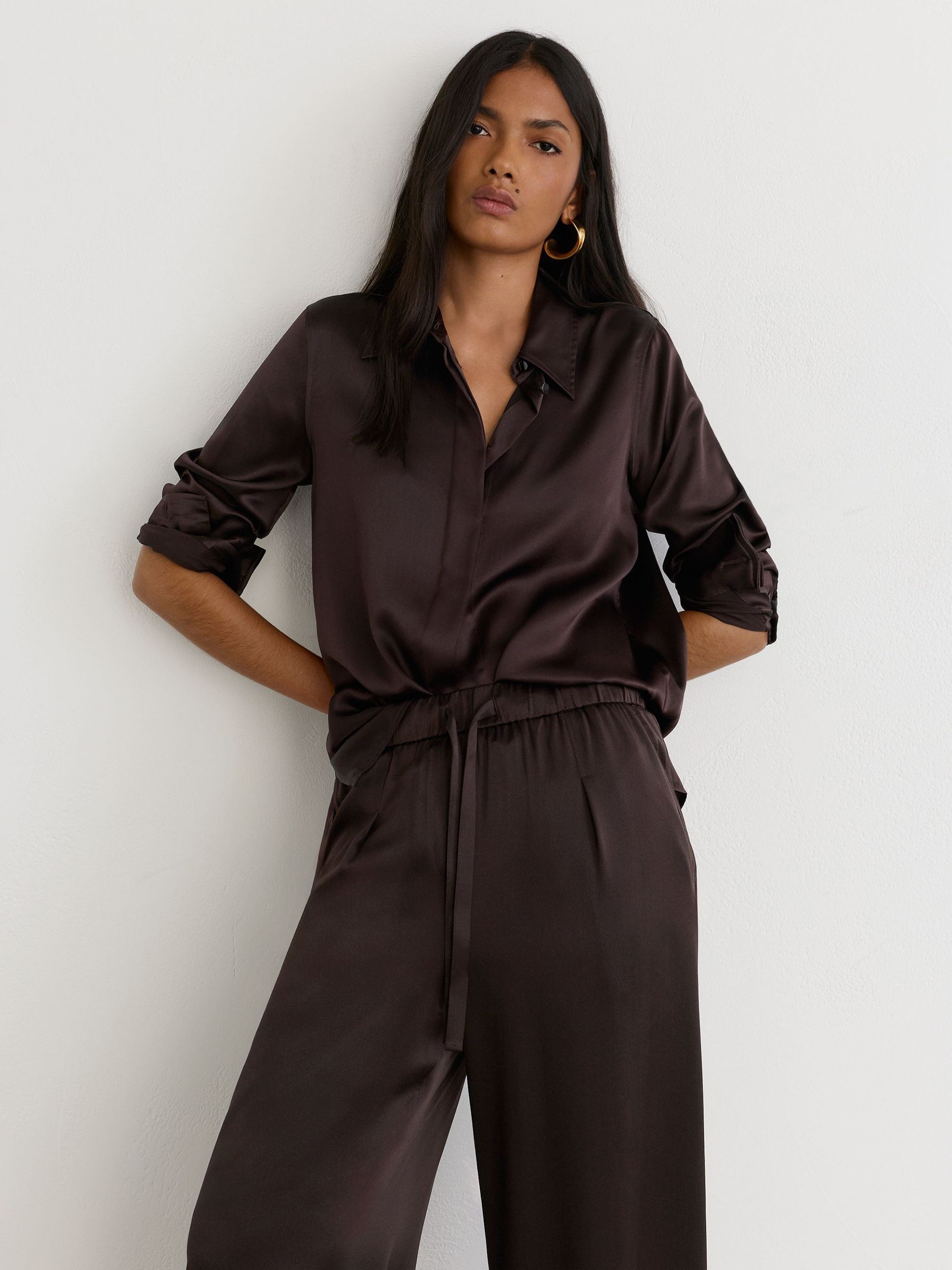 Silk Wide-Leg Trousers in Grape Burgundy - Image 6 of 8