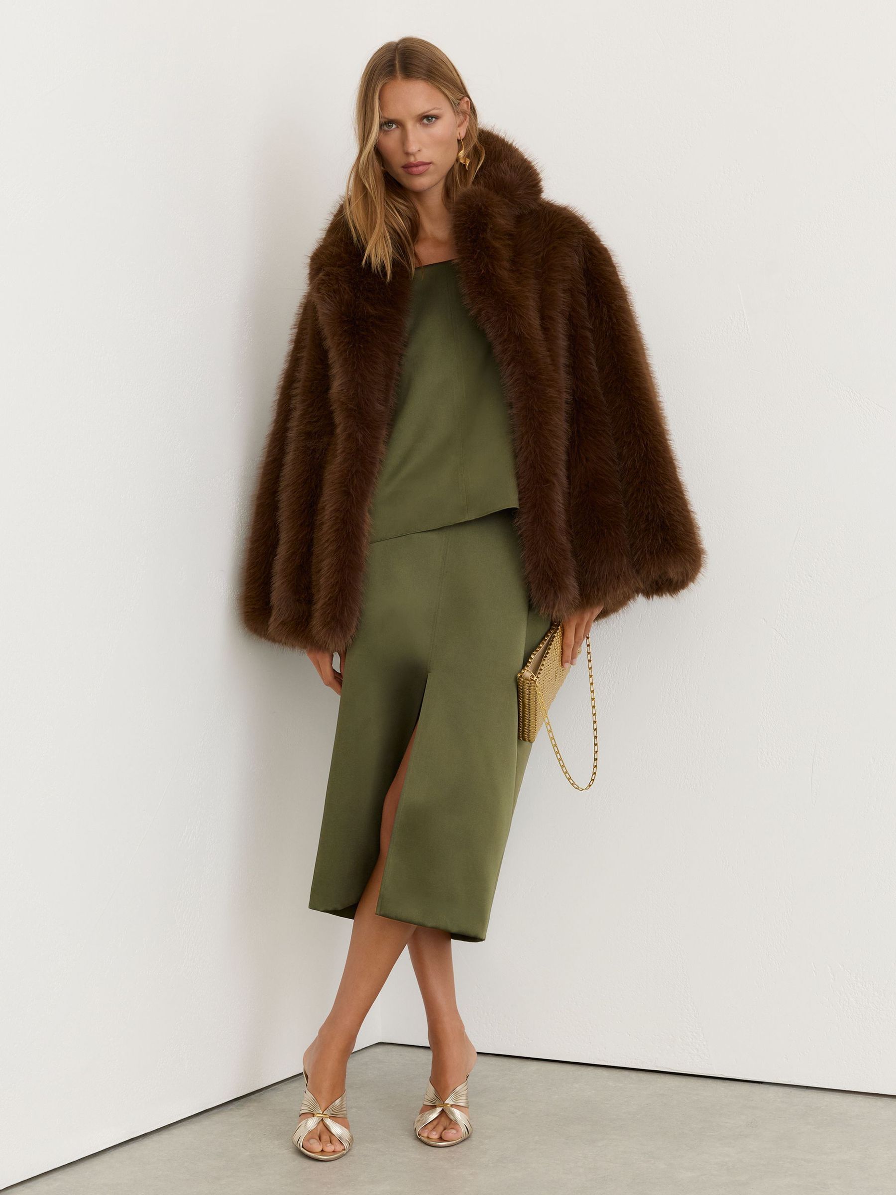 Satin Straight Midi Skirt in Sage Green - Image 1 of 6 Satin Straight Midi Skirt in Sage Green - Image 1 of 6