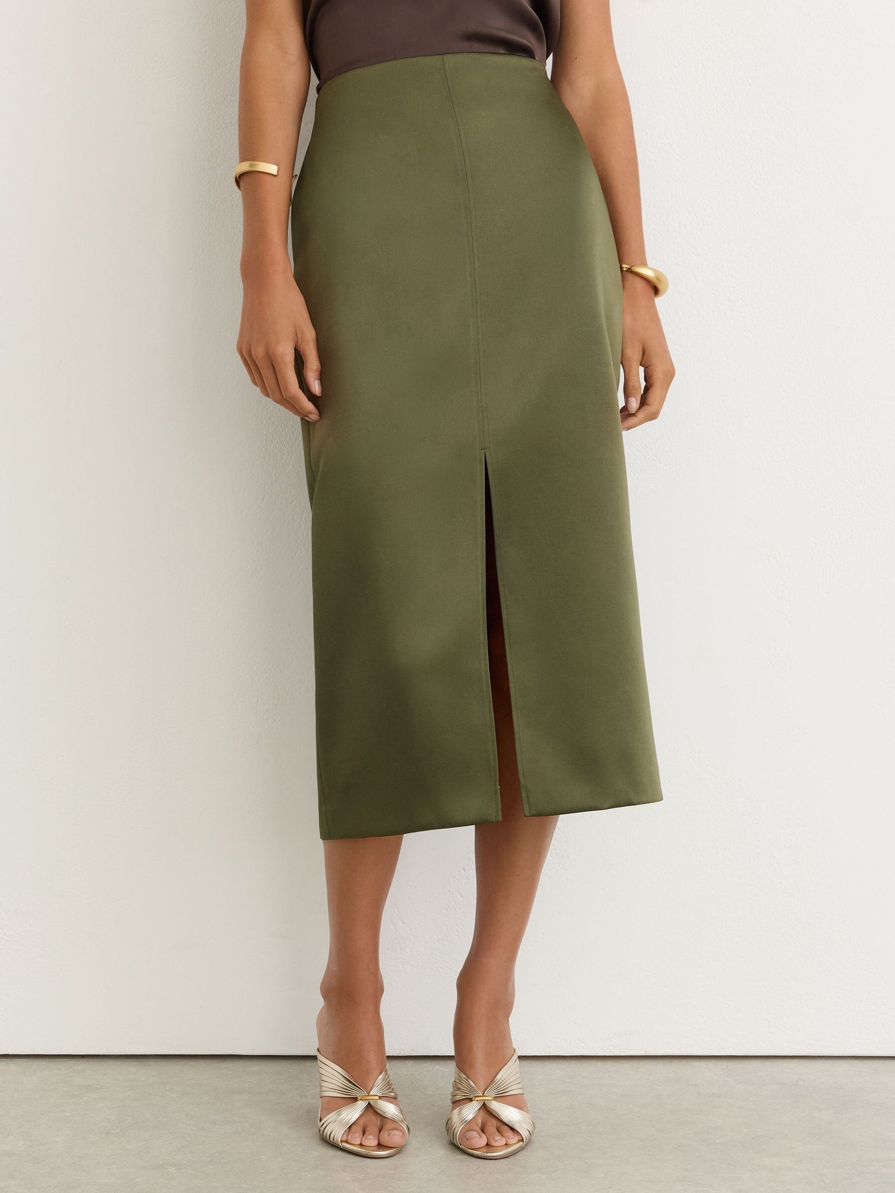 Satin Straight Midi Skirt in Sage Green - Image 3 of 6