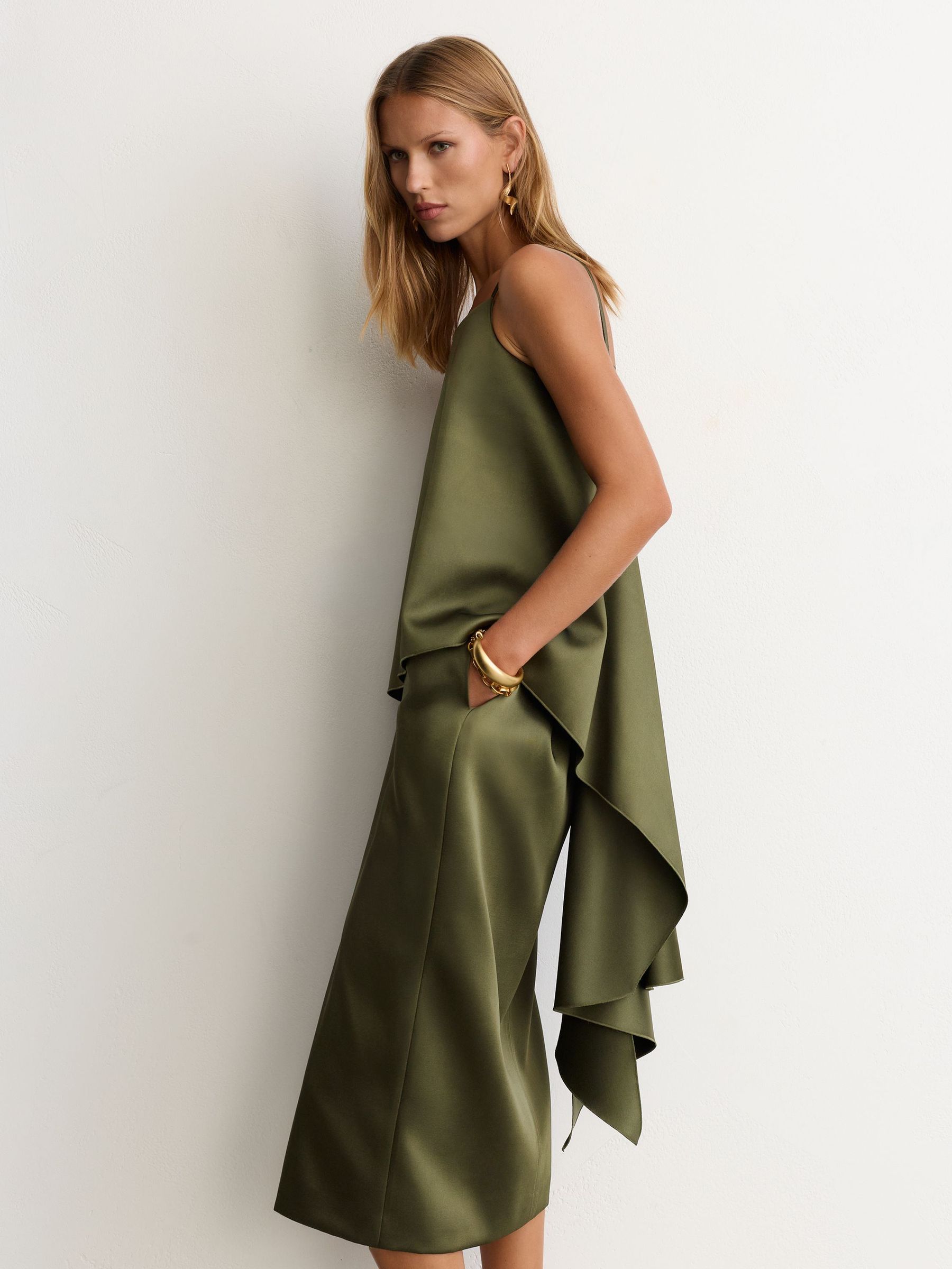Satin Straight Midi Skirt in Sage Green - Image 4 of 6