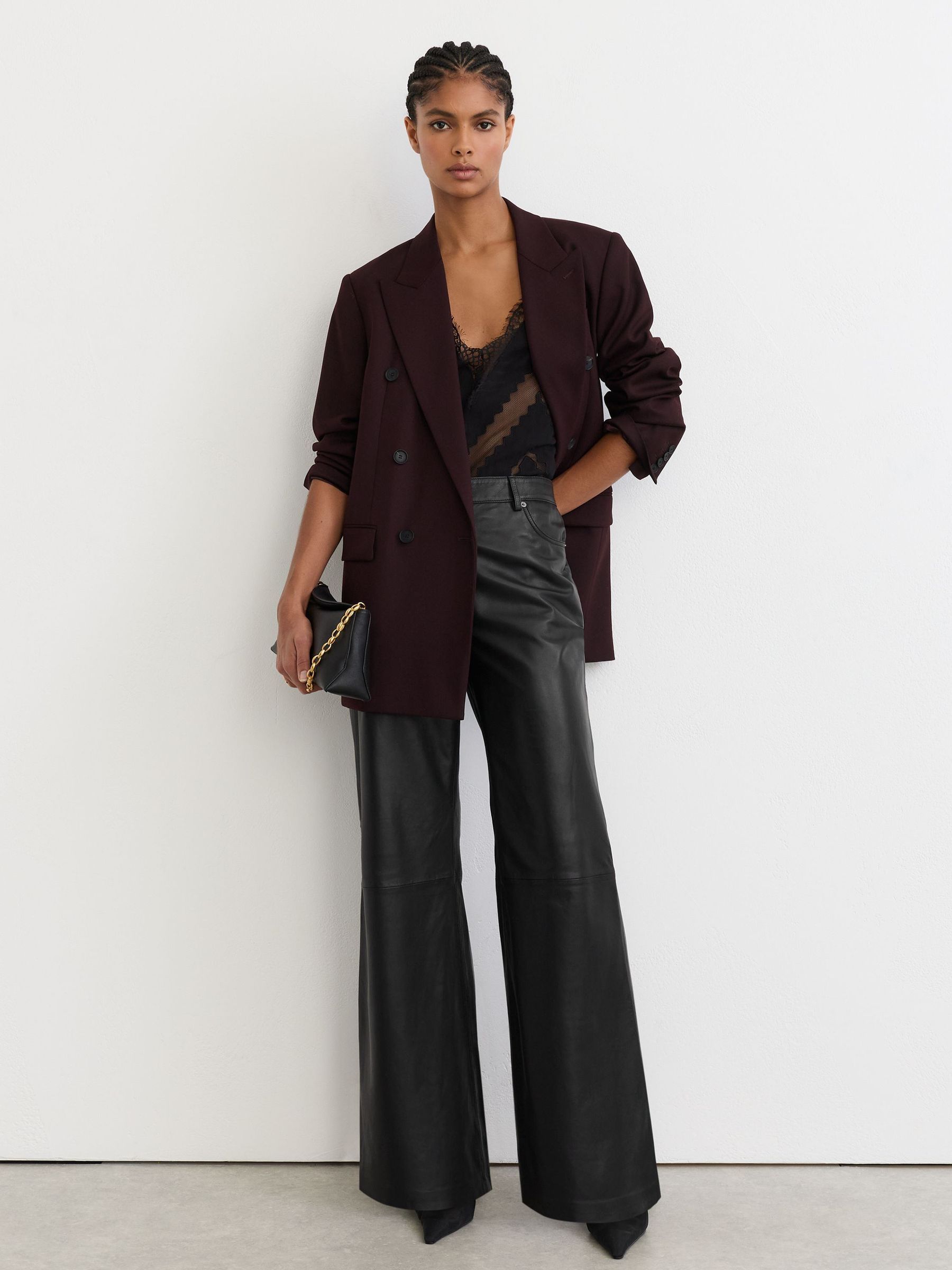Lederhose mit weitem Bein und hohem Bund, Schwarz - Bild 1 von 6