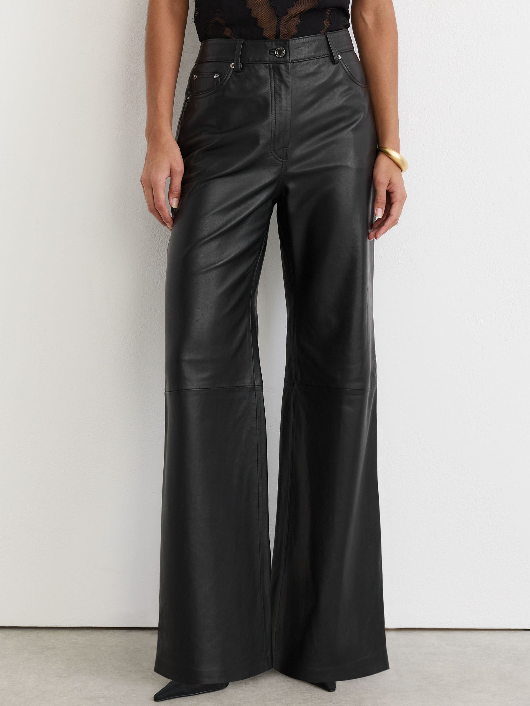 Lederhose mit weitem Bein und hohem Bund, Schwarz - Bild 3 von 6