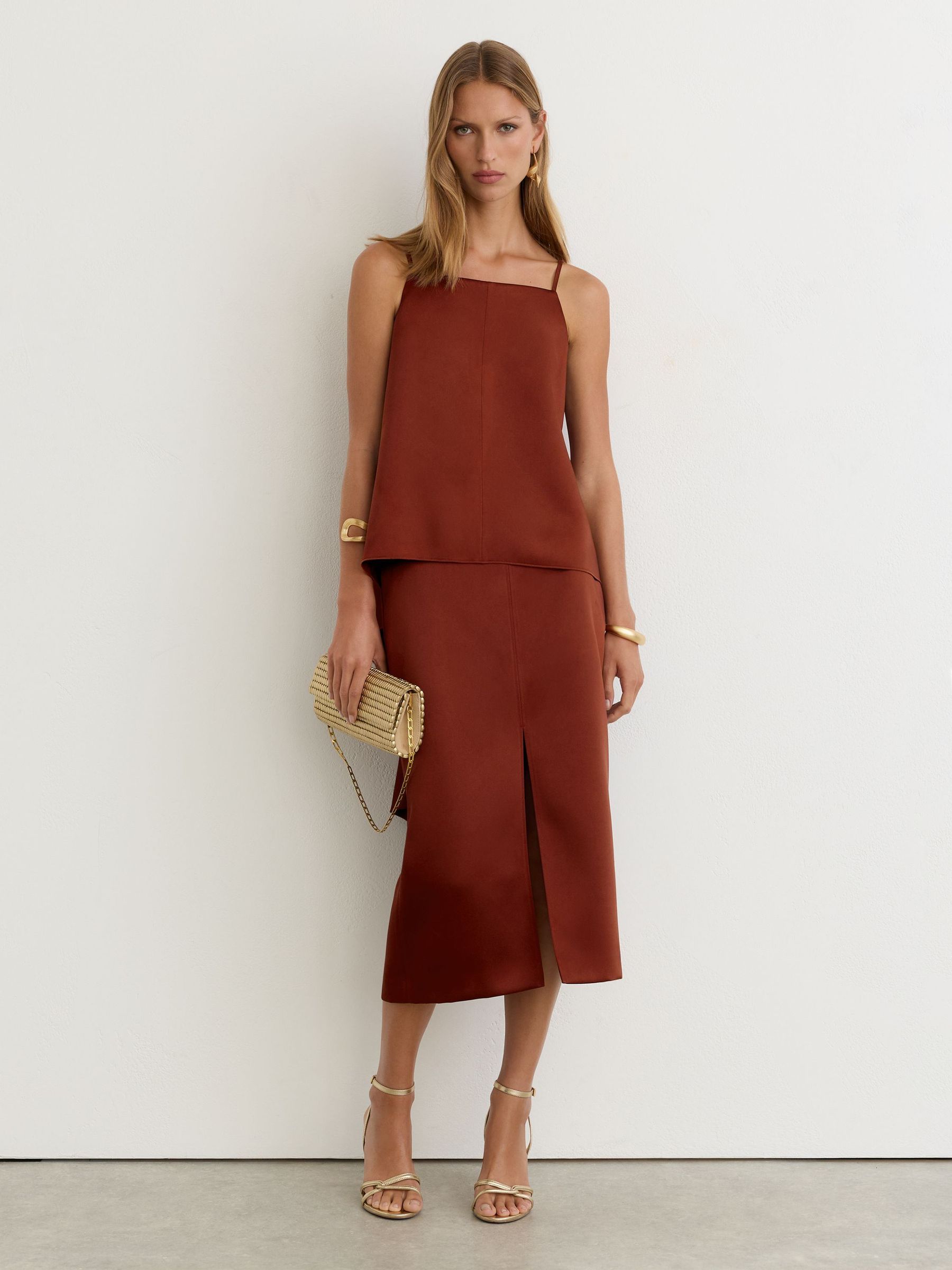 Satin Straight Midi Skirt in Rust Orange by Reiss