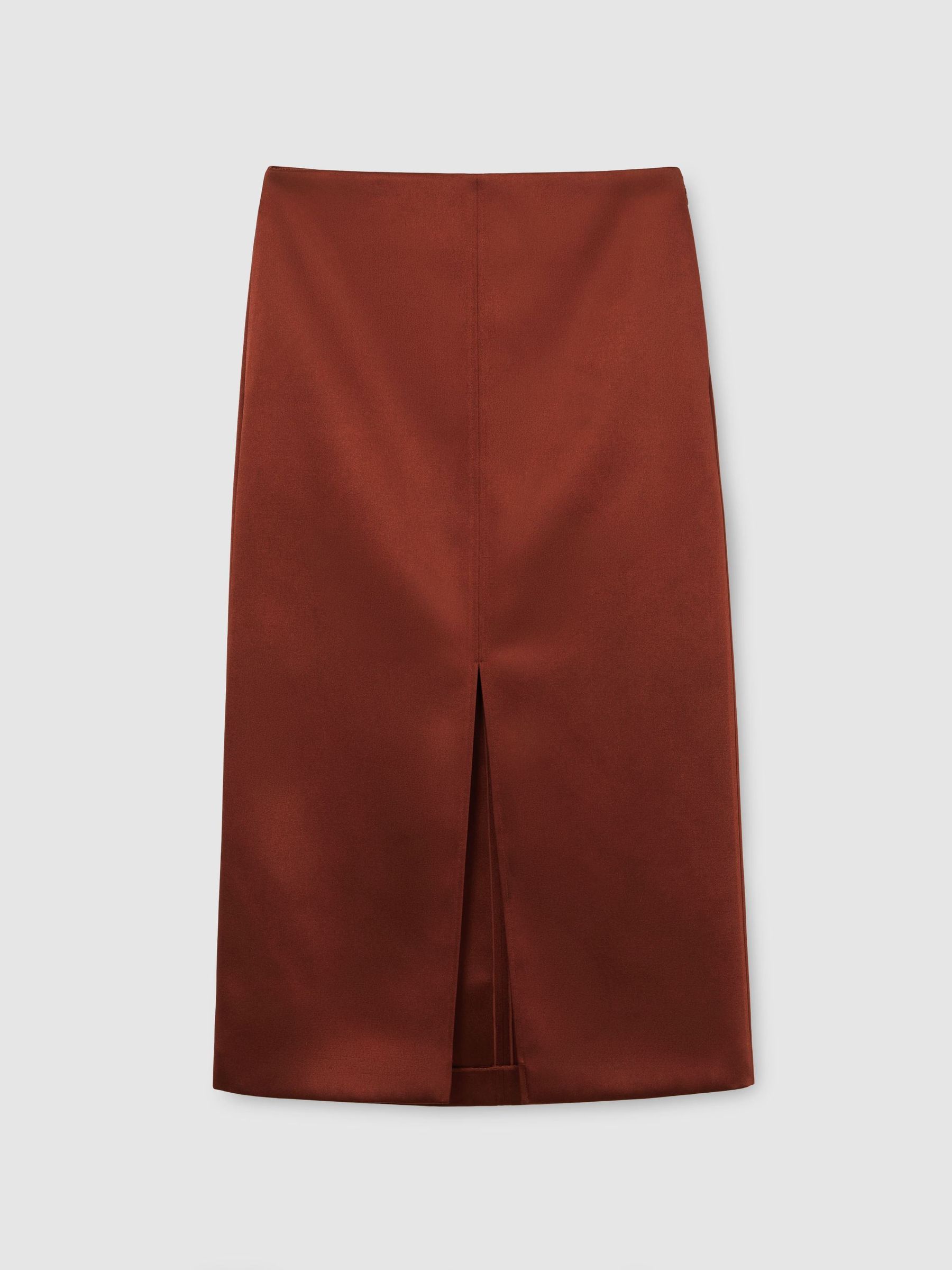 Satin Straight Midi Skirt in Rust Orange - Image 2 of 6