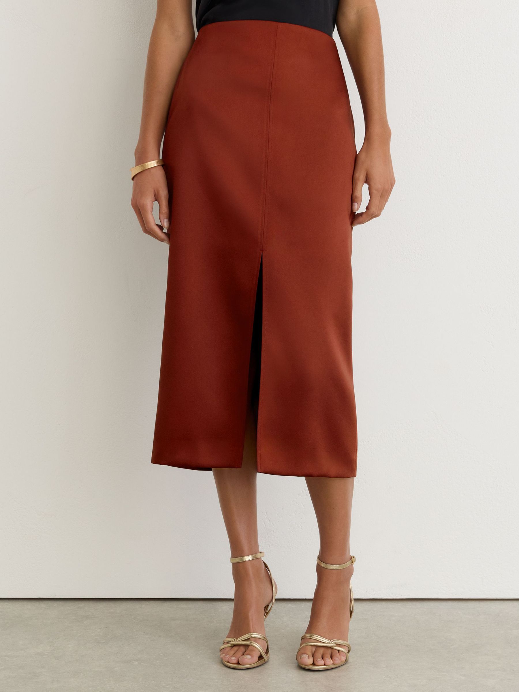 Satin Straight Midi Skirt in Rust Orange - Image 3 of 6
