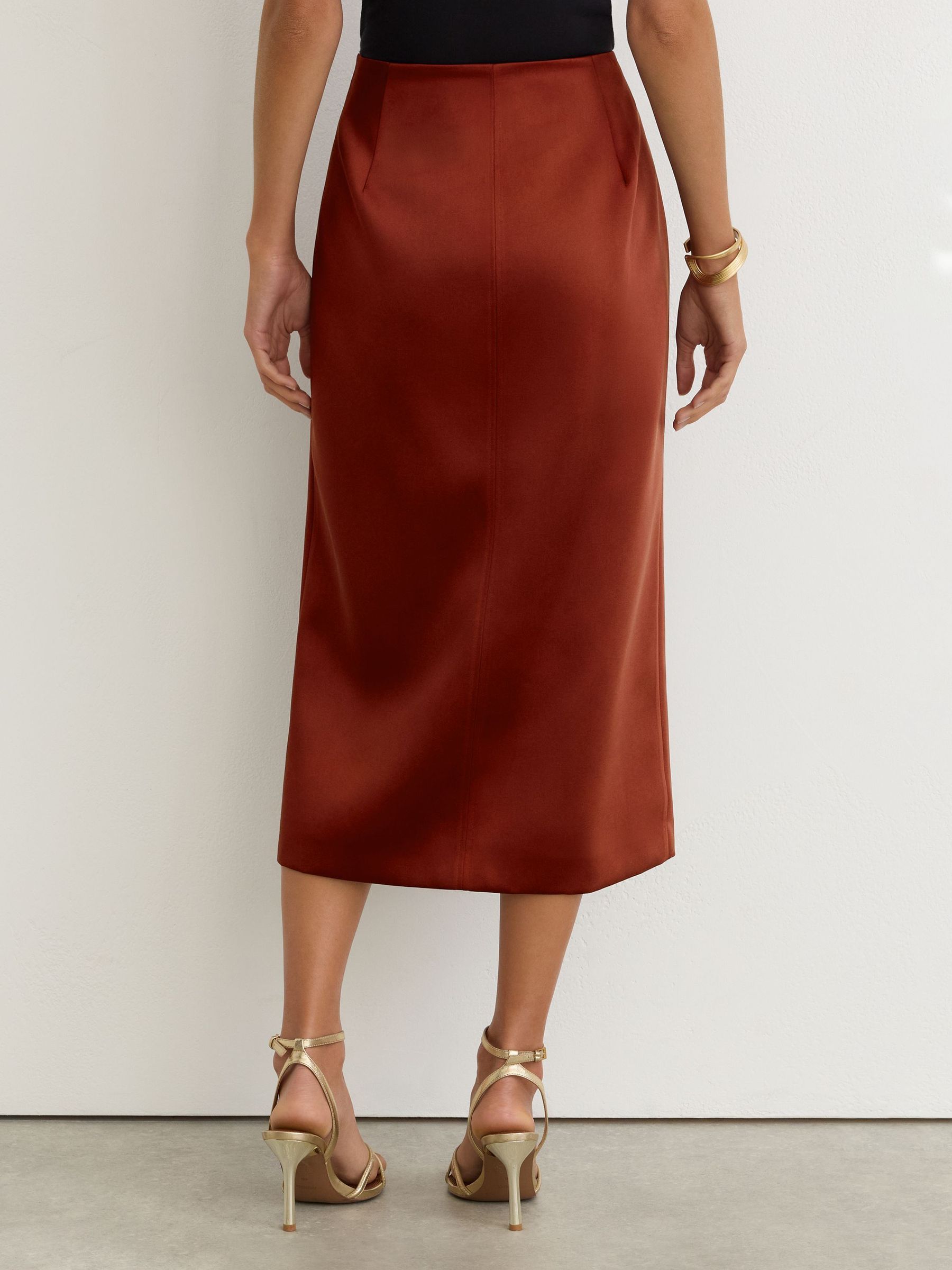 Satin Straight Midi Skirt in Rust Orange - Image 5 of 6