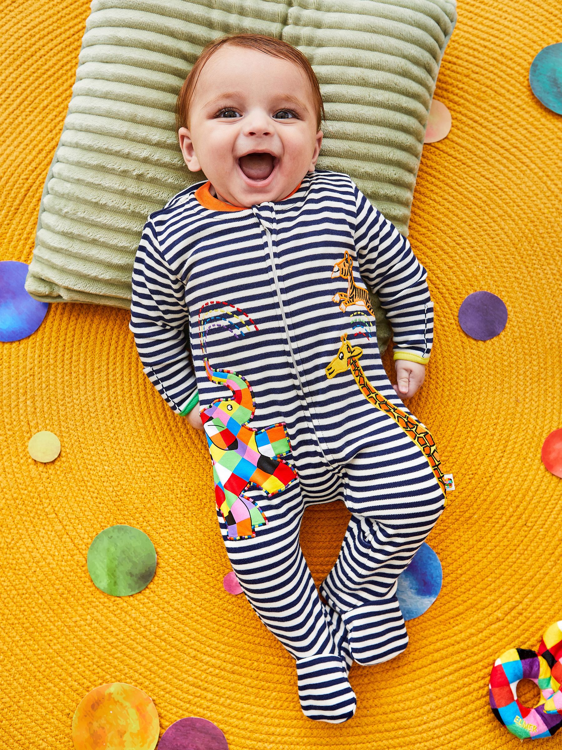 Ecru Navy Stripe Elmer Appliqué Zip Sleepsuit | JoJo Maman Bébé