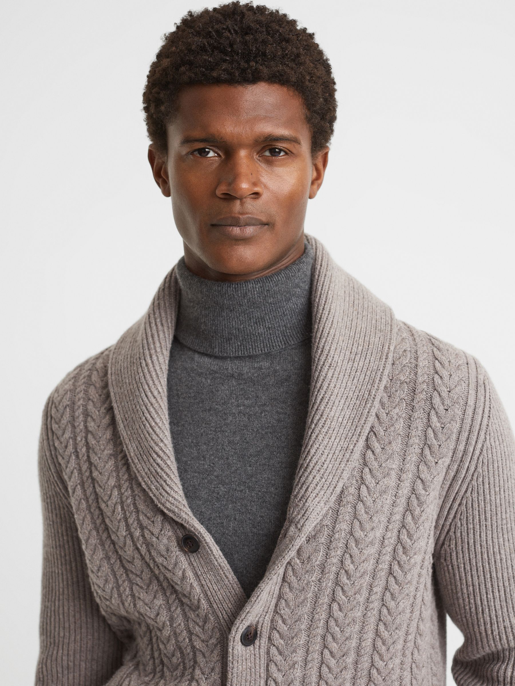 Reiss Cotton Blend Cable Knit Cardigan in Mink Melange | REISS
