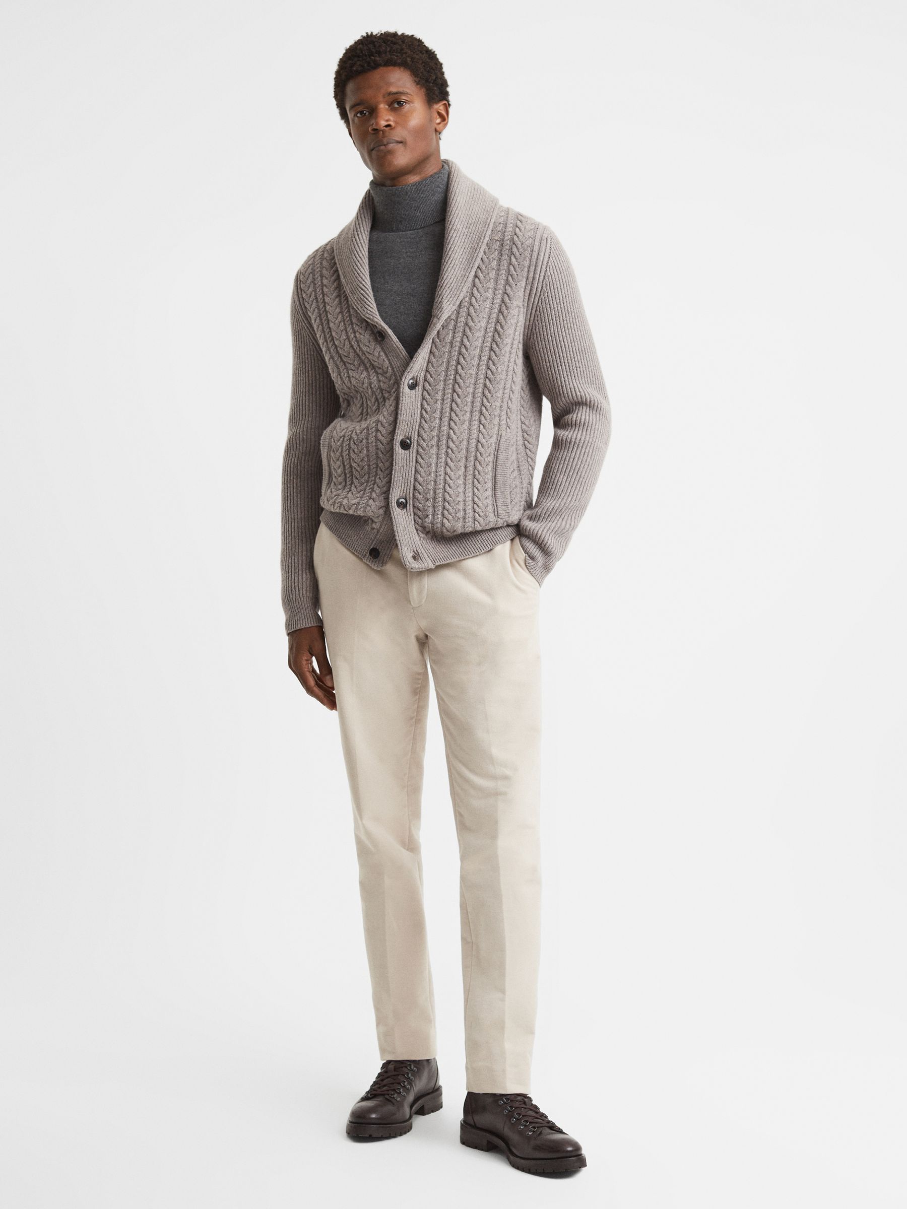 Cotton Blend Cable Knit Cardigan in Mink Melange - Image 3 of 5