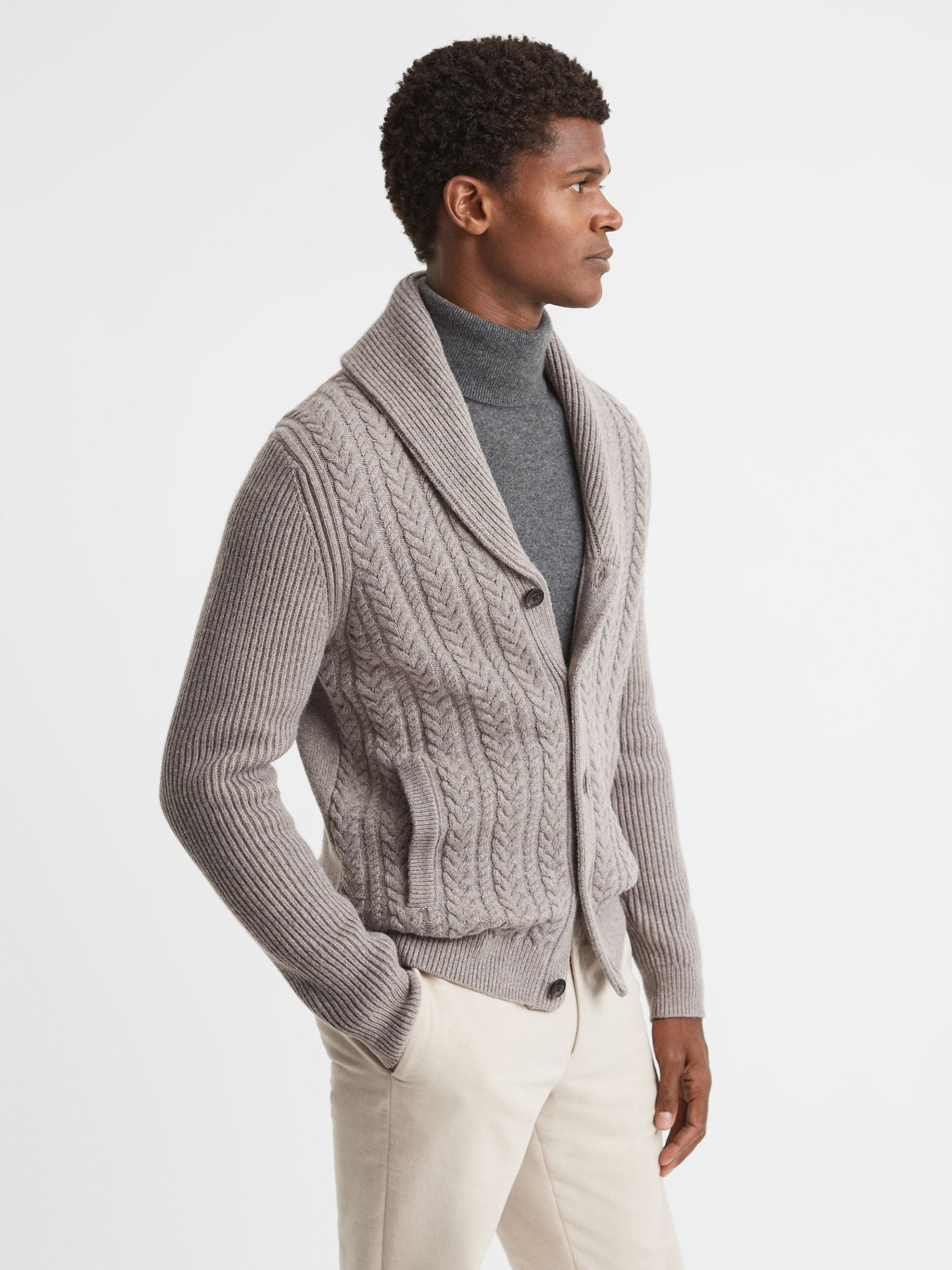 Cotton Blend Cable Knit Cardigan in Mink Melange - Image 4 of 5