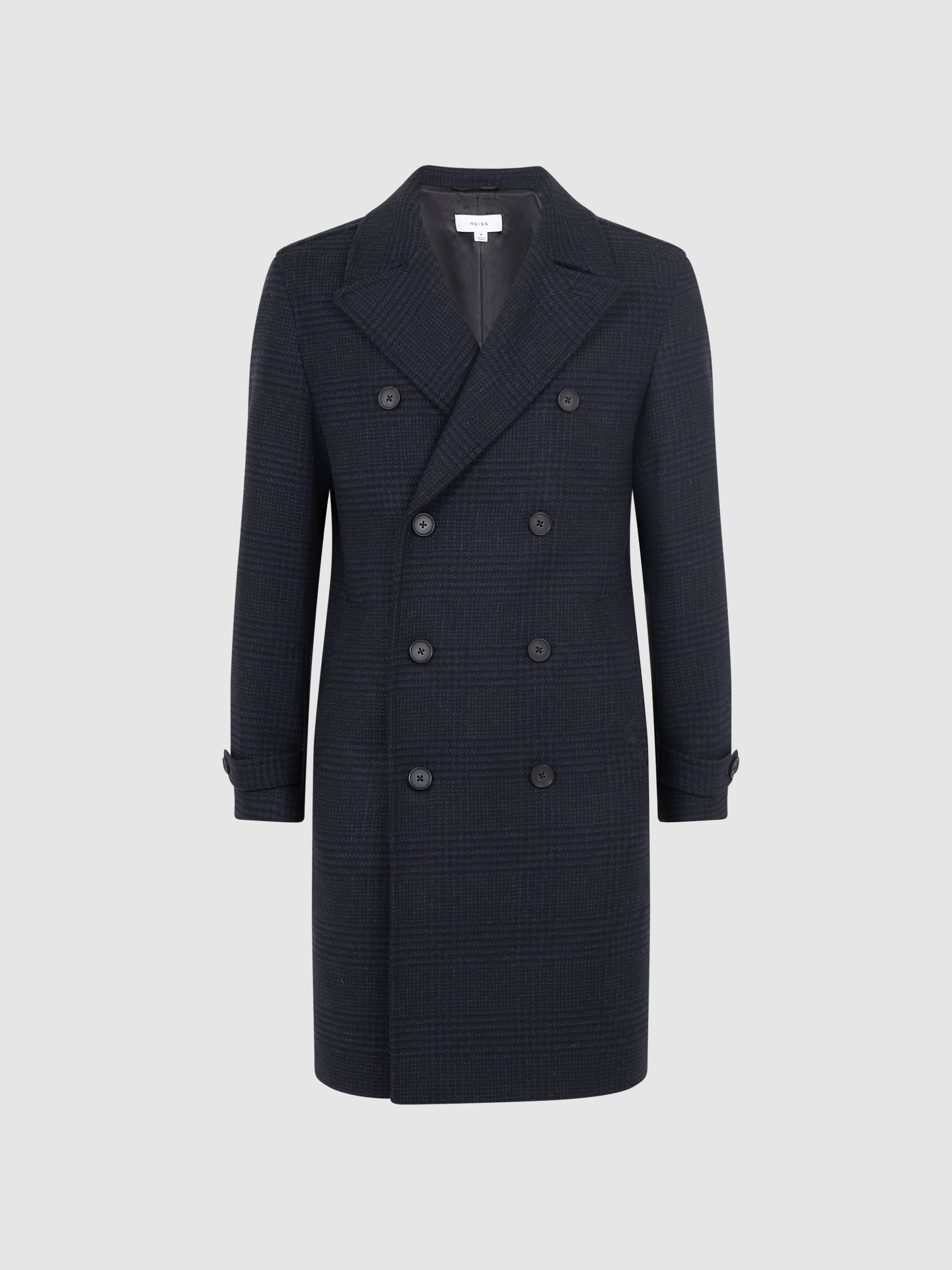 Wool Check Double Breasted Coat in Navy - Image 2 of 5 Wool Check Double Breasted Coat in Navy - Image 2 of 5