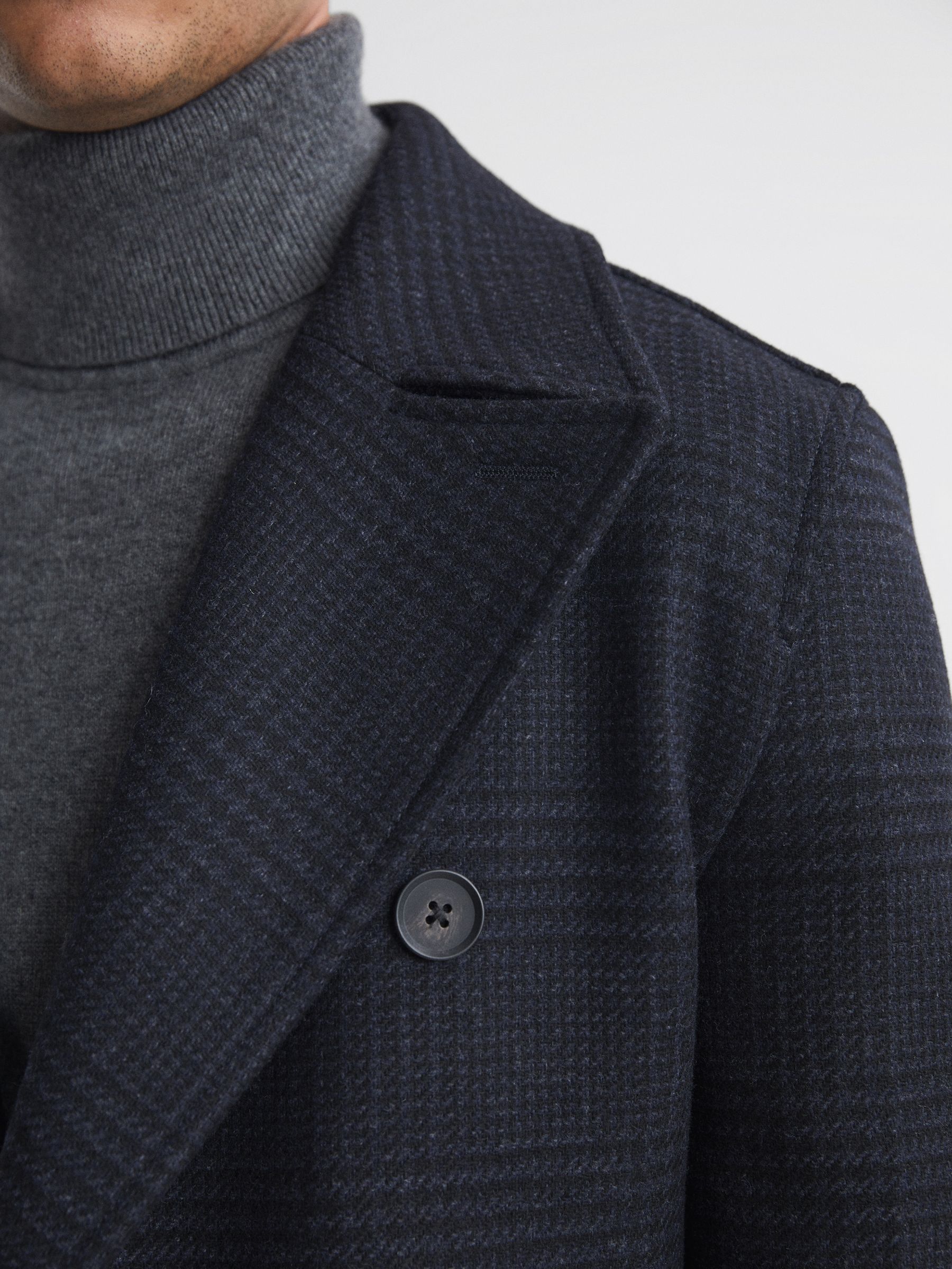 Wool Check Double Breasted Coat in Navy - Image 4 of 5