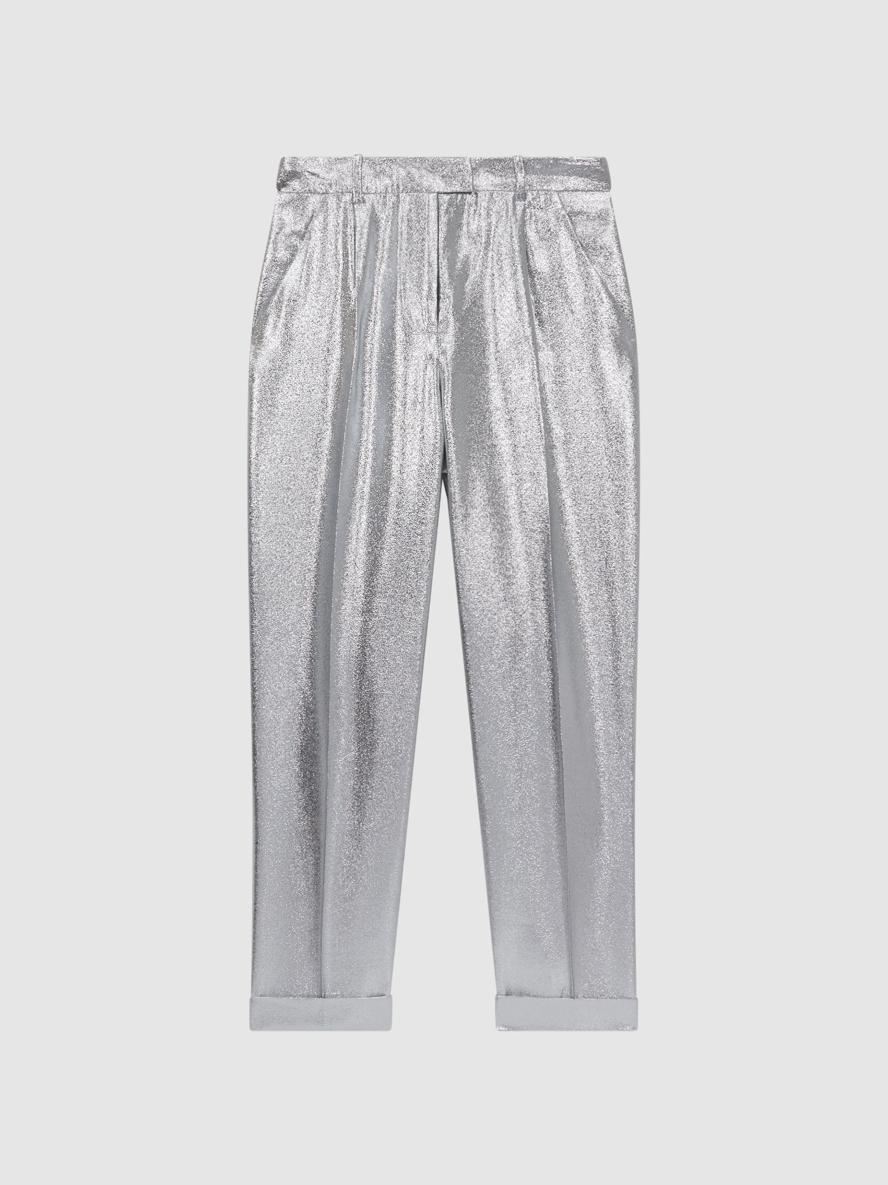 Tapered Metallic Trousers with Turn-Ups in Silver - Image 2 of 5 Tapered Metallic Trousers with Turn-Ups in Silver - Image 2 of 5