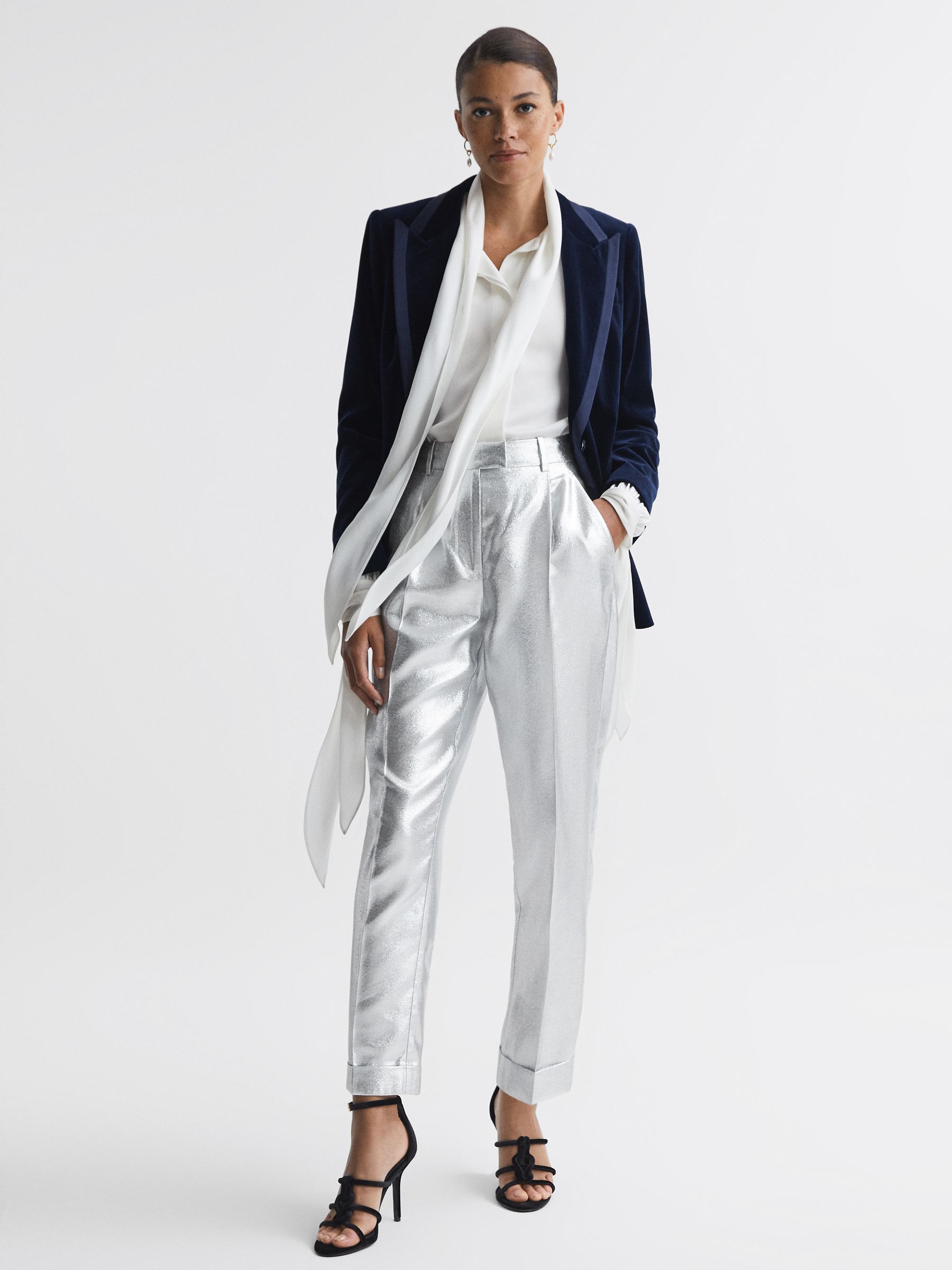 Tapered Metallic Trousers with Turn-Ups in Silver - Image 3 of 5