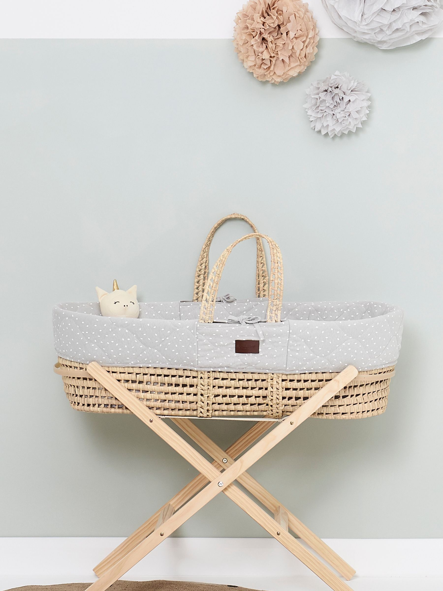 The Little Green Sheep Grey Quilted Moses Basket Dove Rice Cot Bed and Mattress - Image 1 of 5