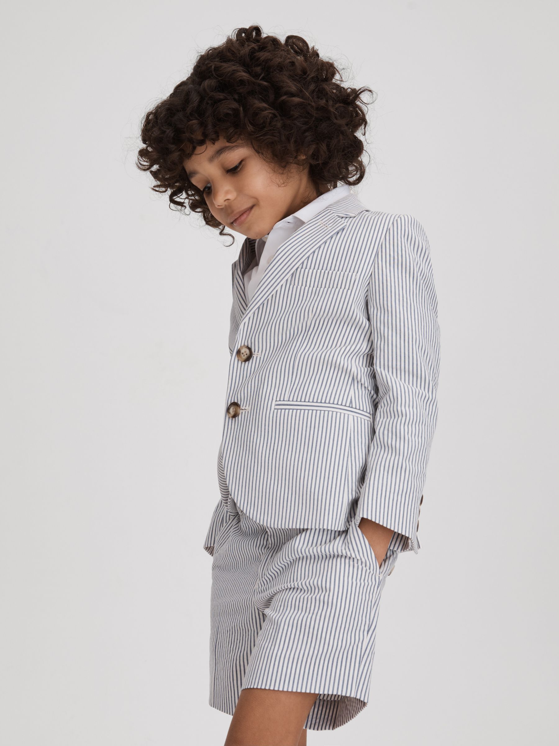 Seersucker Striped Adjuster Shorts in Soft Blue - Image 1 of 4