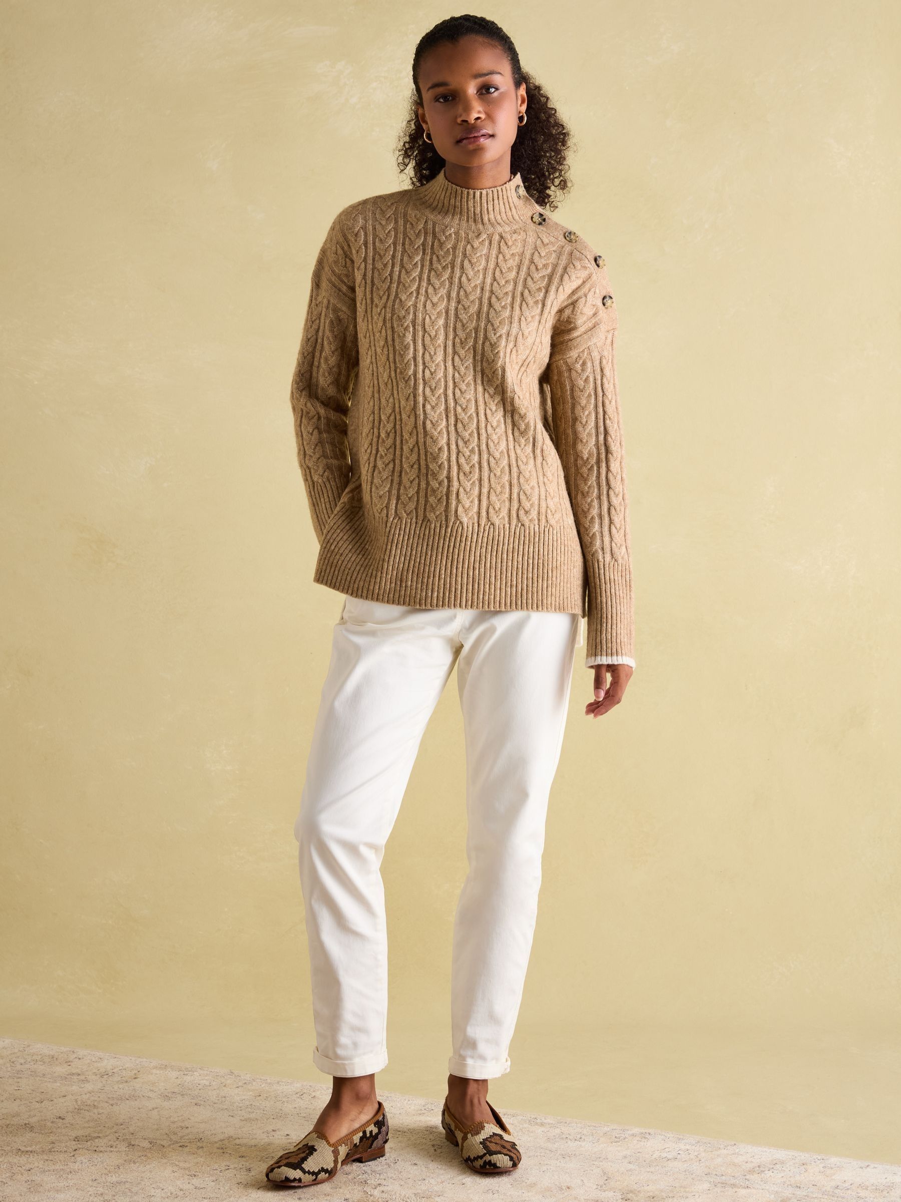 Betsy Camel Button Shoulder Cable Jumper - Image 4 of 6