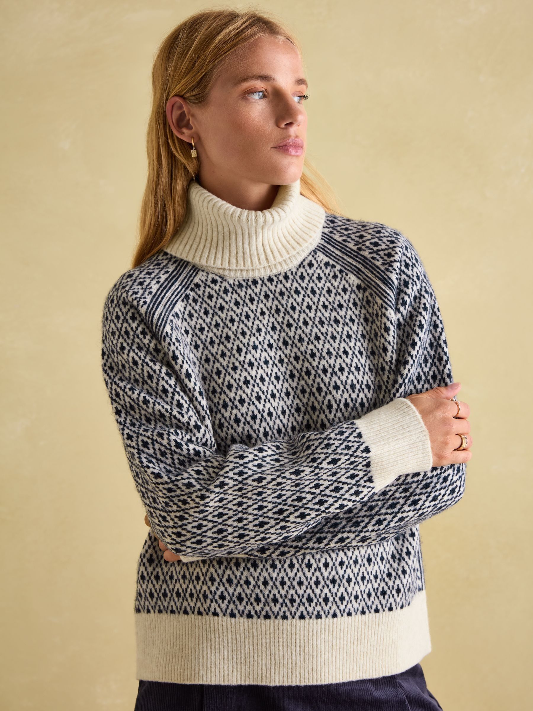 Ingrid Cream/Navy Patterned Jumper with Detachable Roll Neck - Image 1 of 7