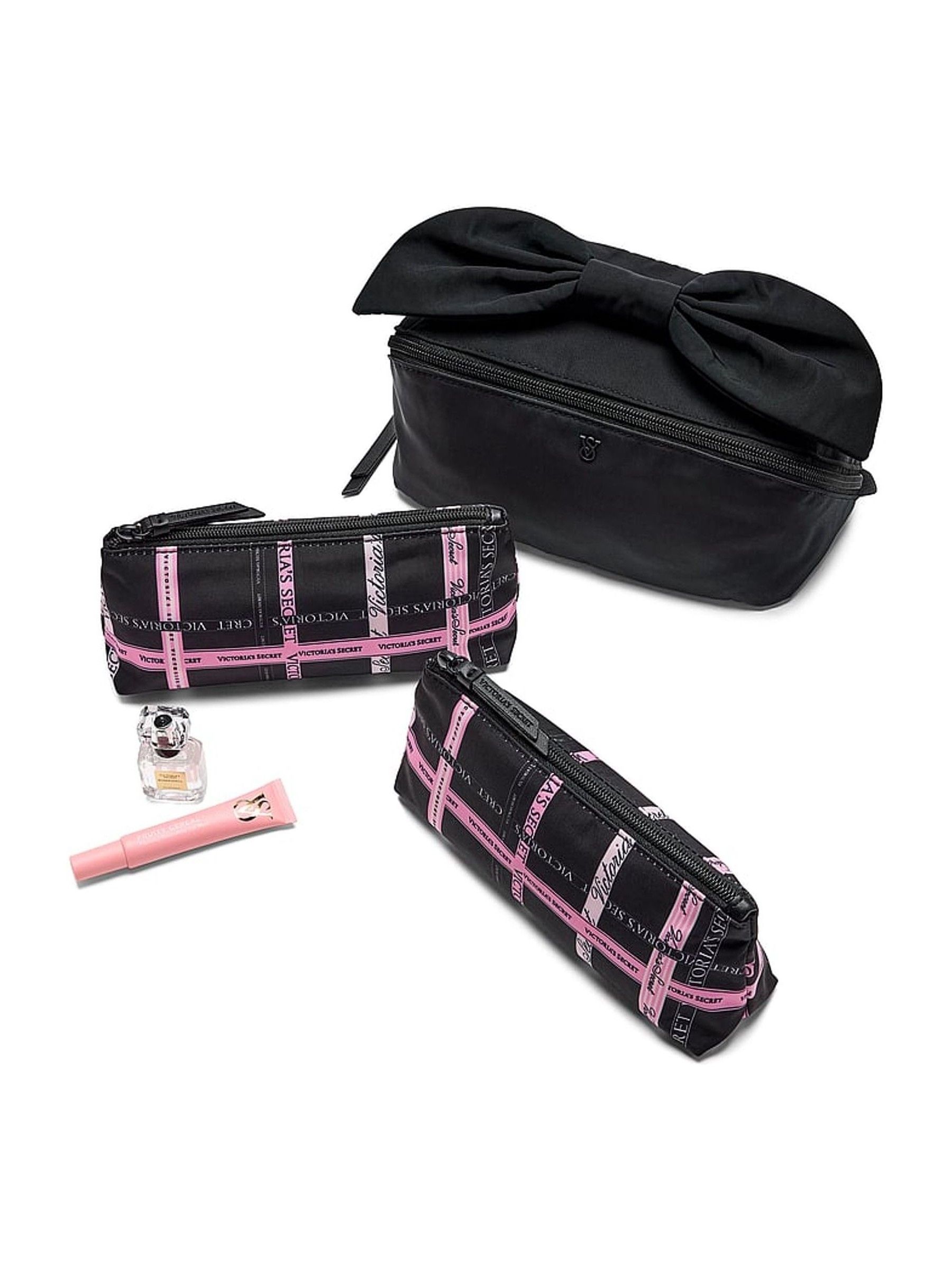 Black and Pink Ribbon Makeup Bag 3 Piece - Image 1 of 3