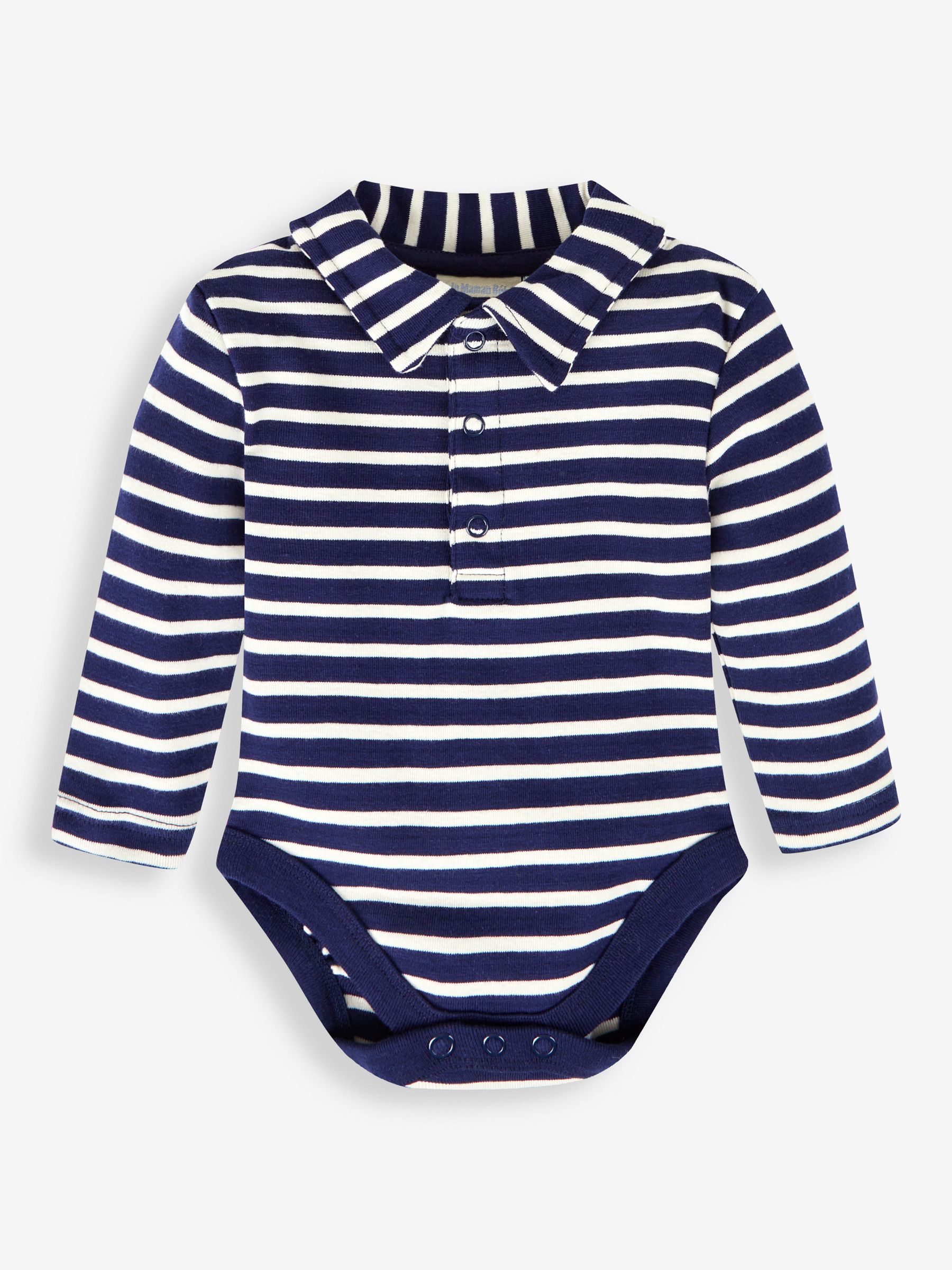 Navy Ecru Breton Stripe Plain Long Sleeve Polo Shirt Bodysuit - Image 1 of 2