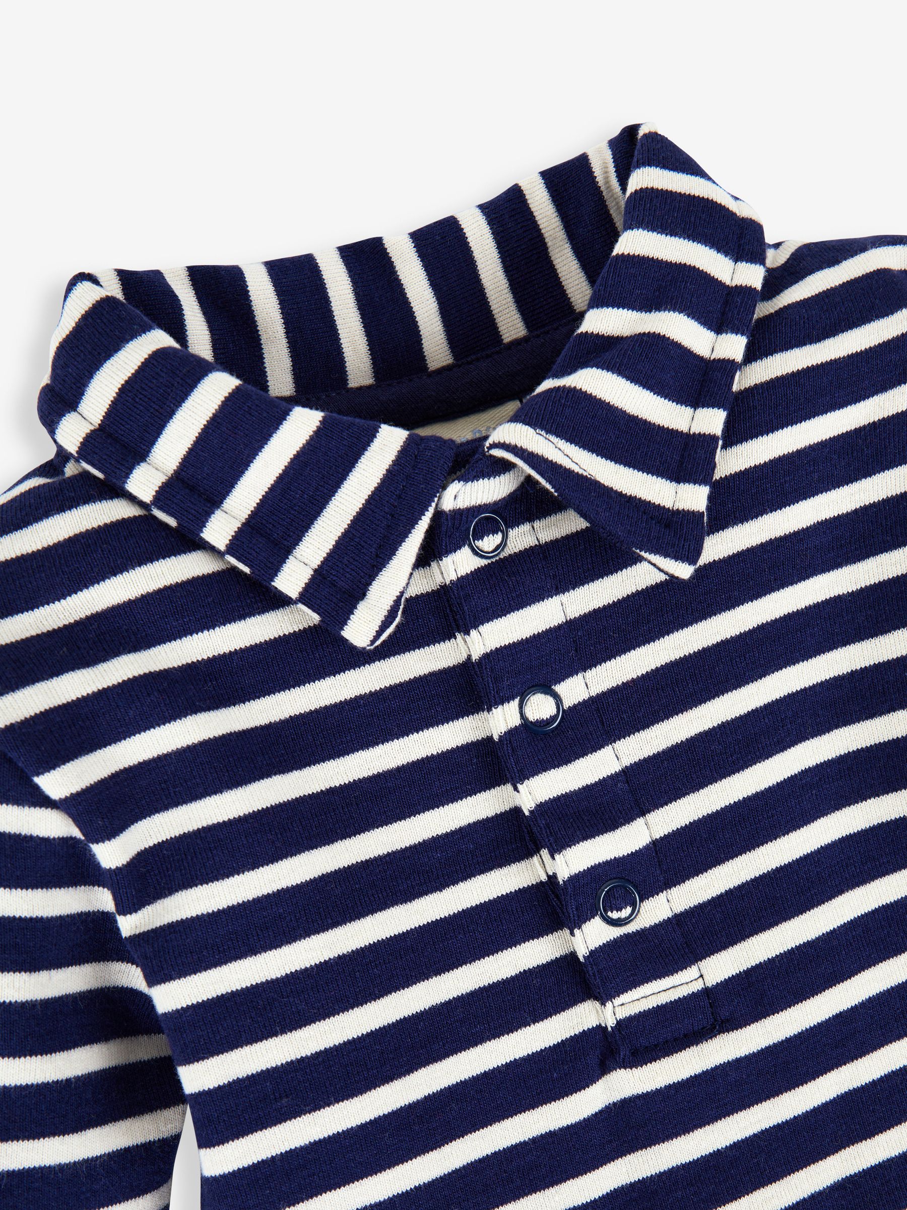 Navy Ecru Breton Stripe Plain Long Sleeve Polo Shirt Bodysuit - Image 2 of 2