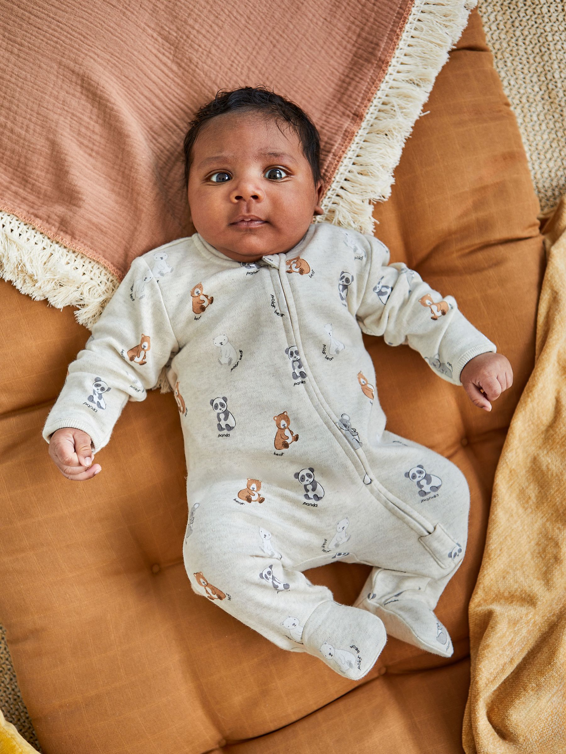 Stone Grey Bear Print Zip Cotton Baby Sleepsuit - Image 1 of 5