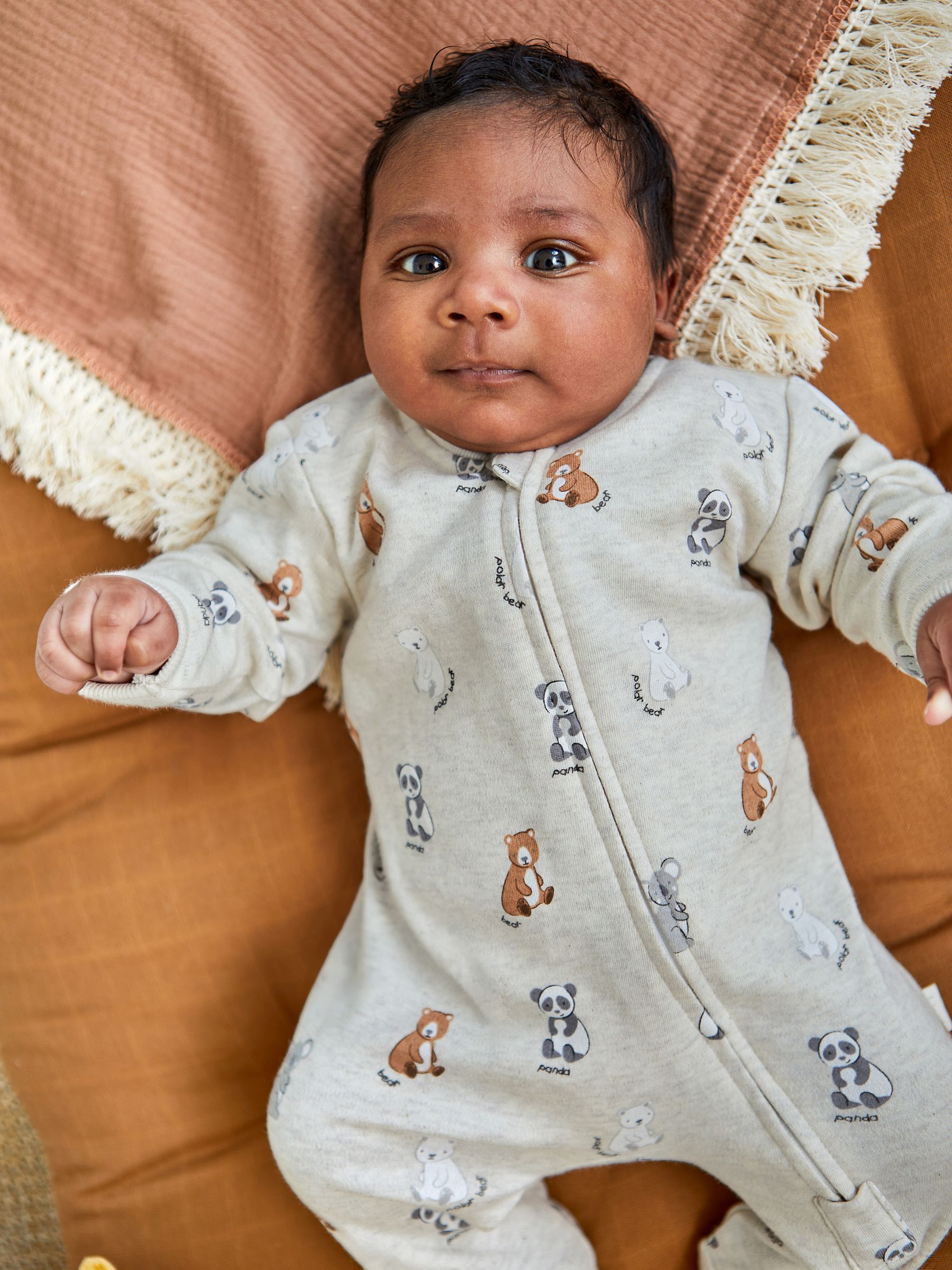 Stone Grey Bear Print Zip Cotton Baby Sleepsuit - Image 2 of 5