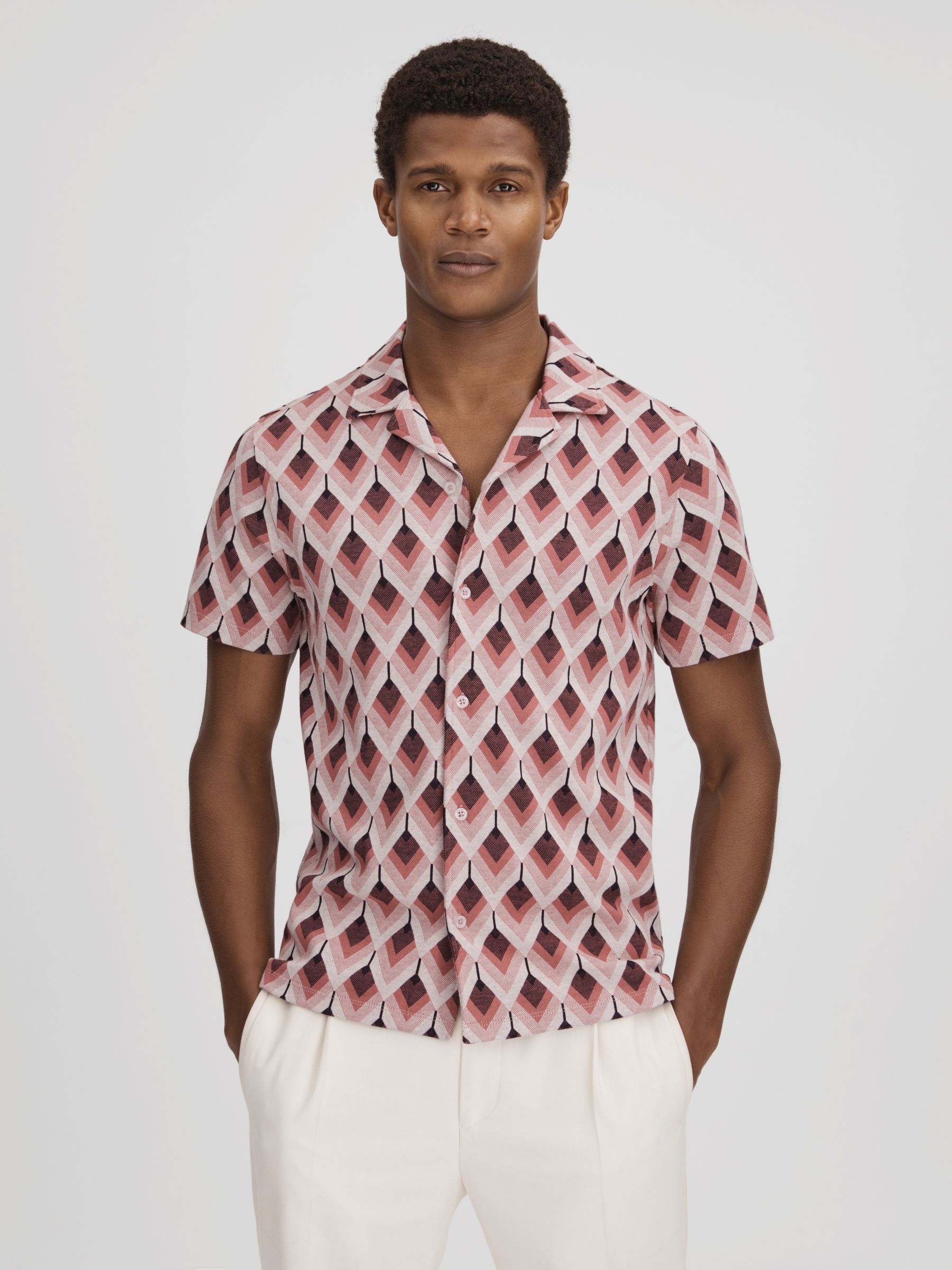 Cotton Blend Jacquard Cuban Collar Shirt in Pink Multi - Image 1 of 7