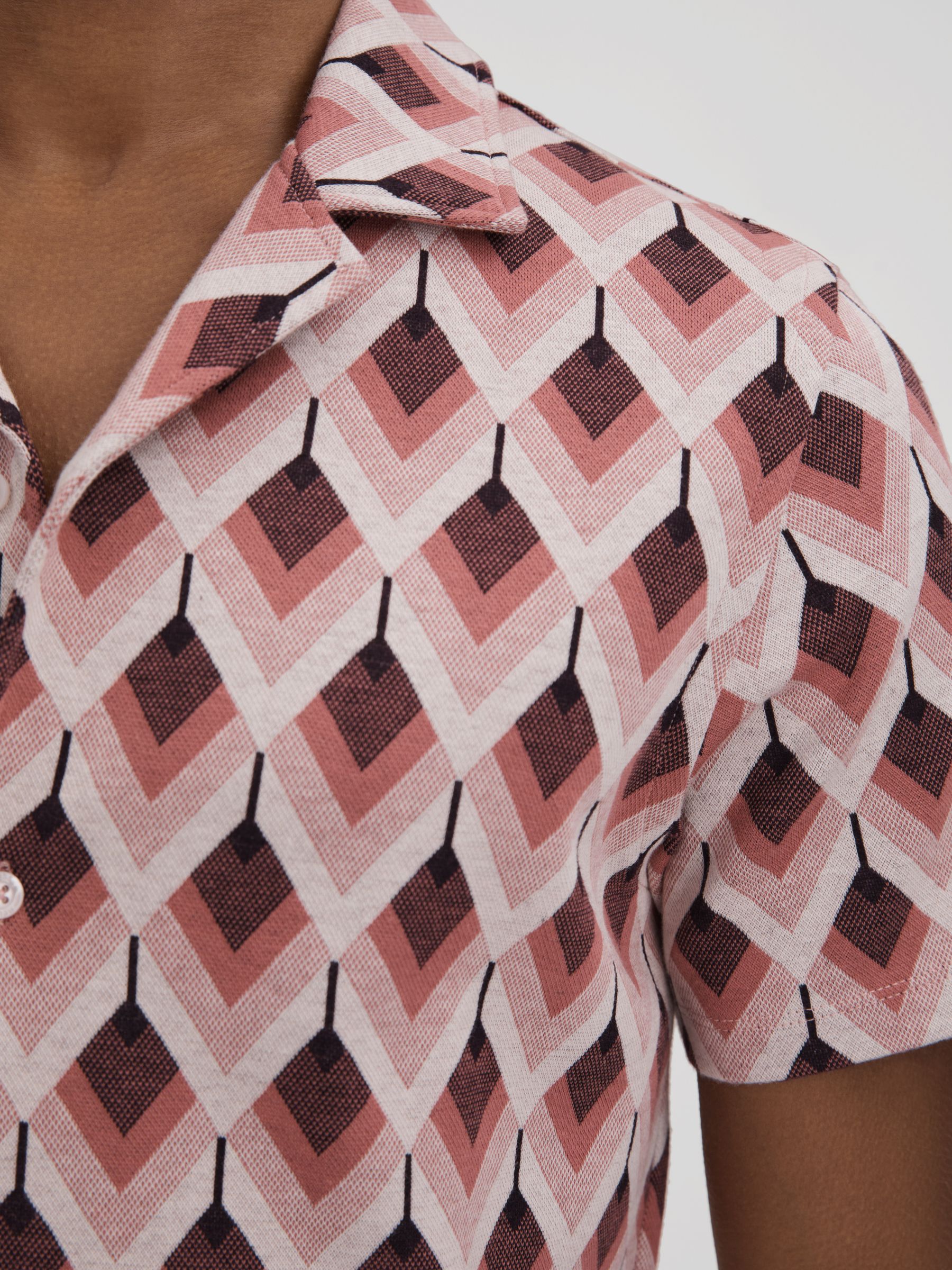 Cotton Blend Jacquard Cuban Collar Shirt in Pink Multi - Image 4 of 7