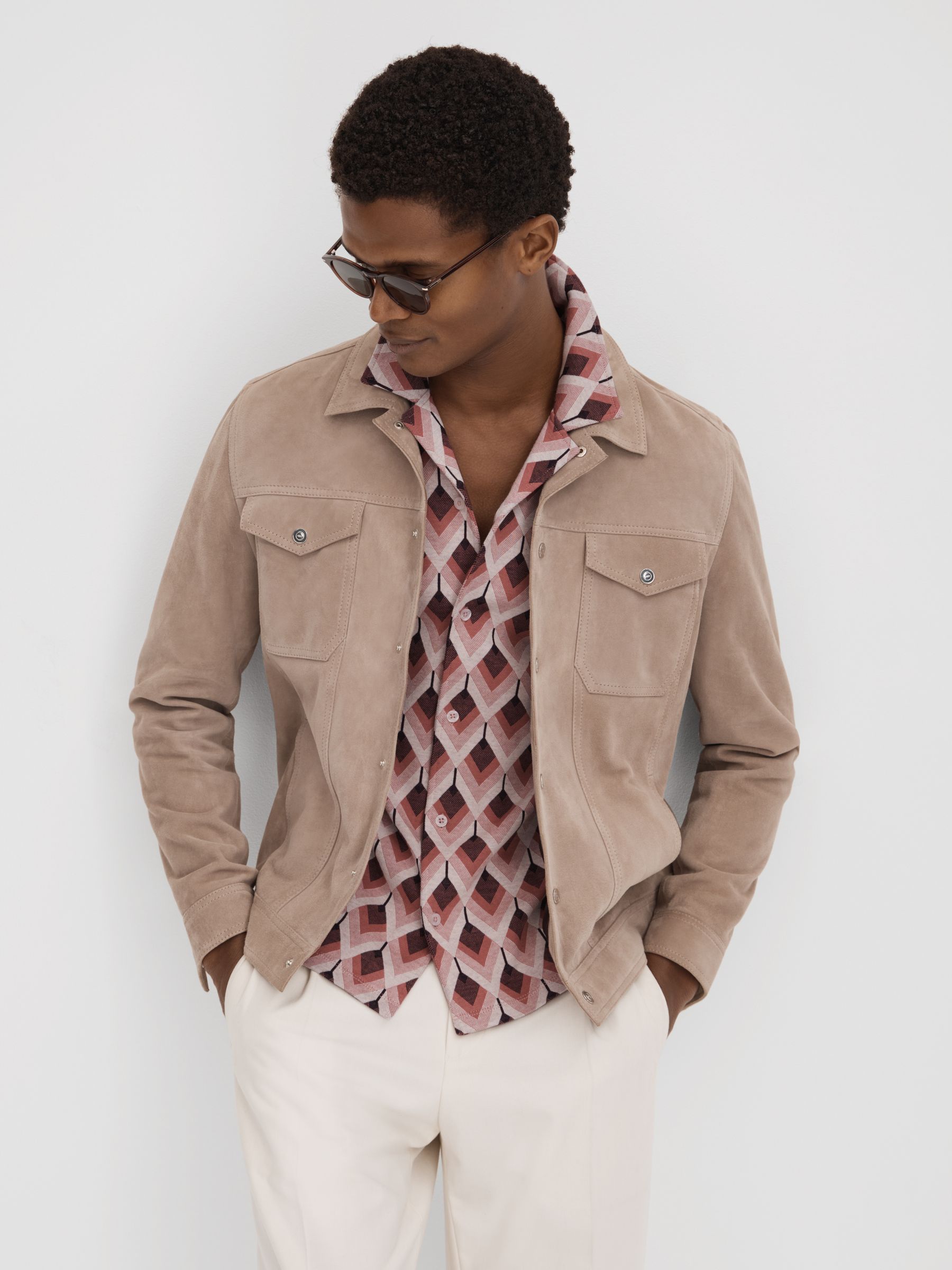 Cotton Blend Jacquard Cuban Collar Shirt in Pink Multi - Image 5 of 7
