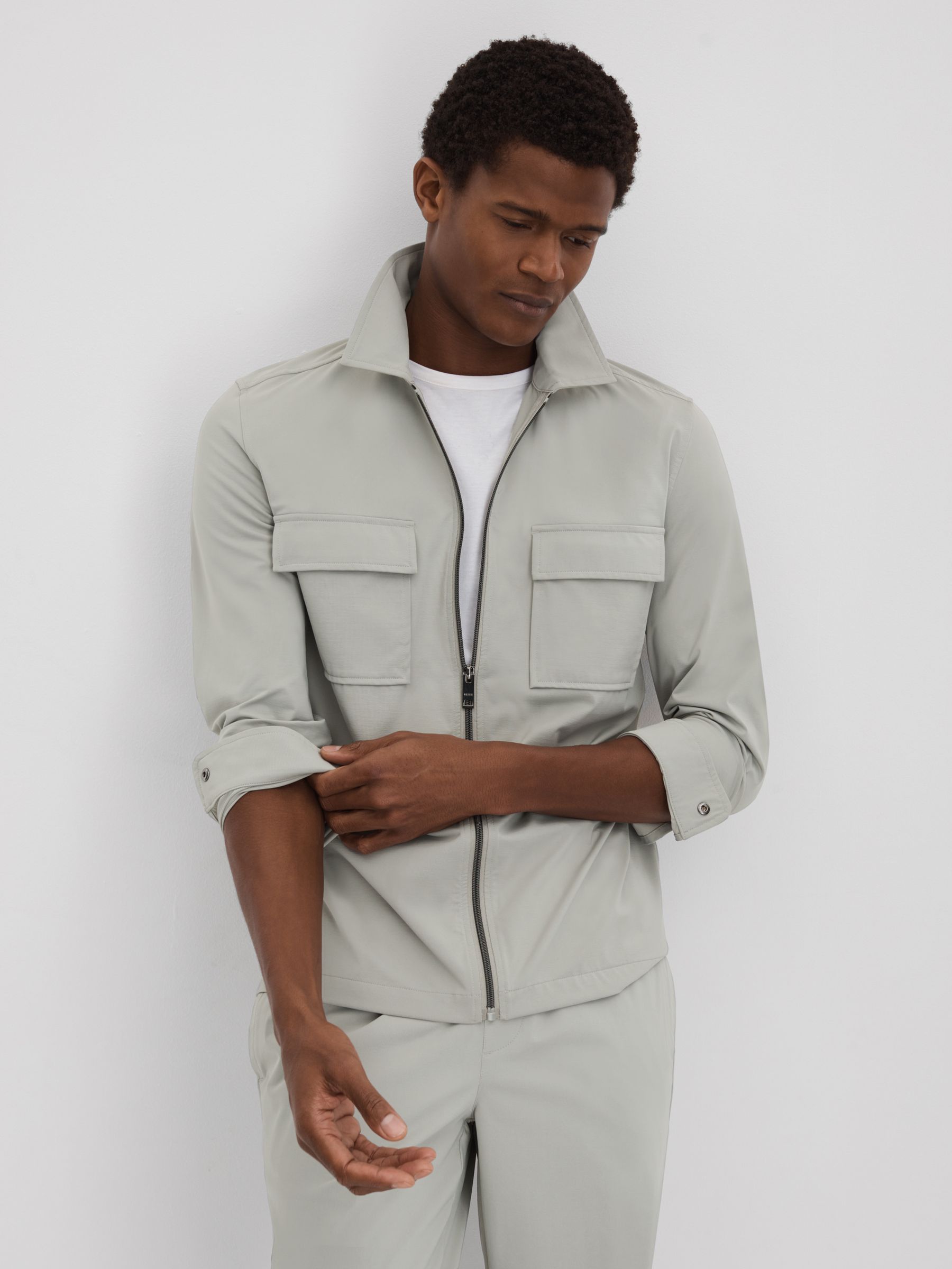 Technical Zip-Through Jacket in Light Sage Green - Image 1 of 6