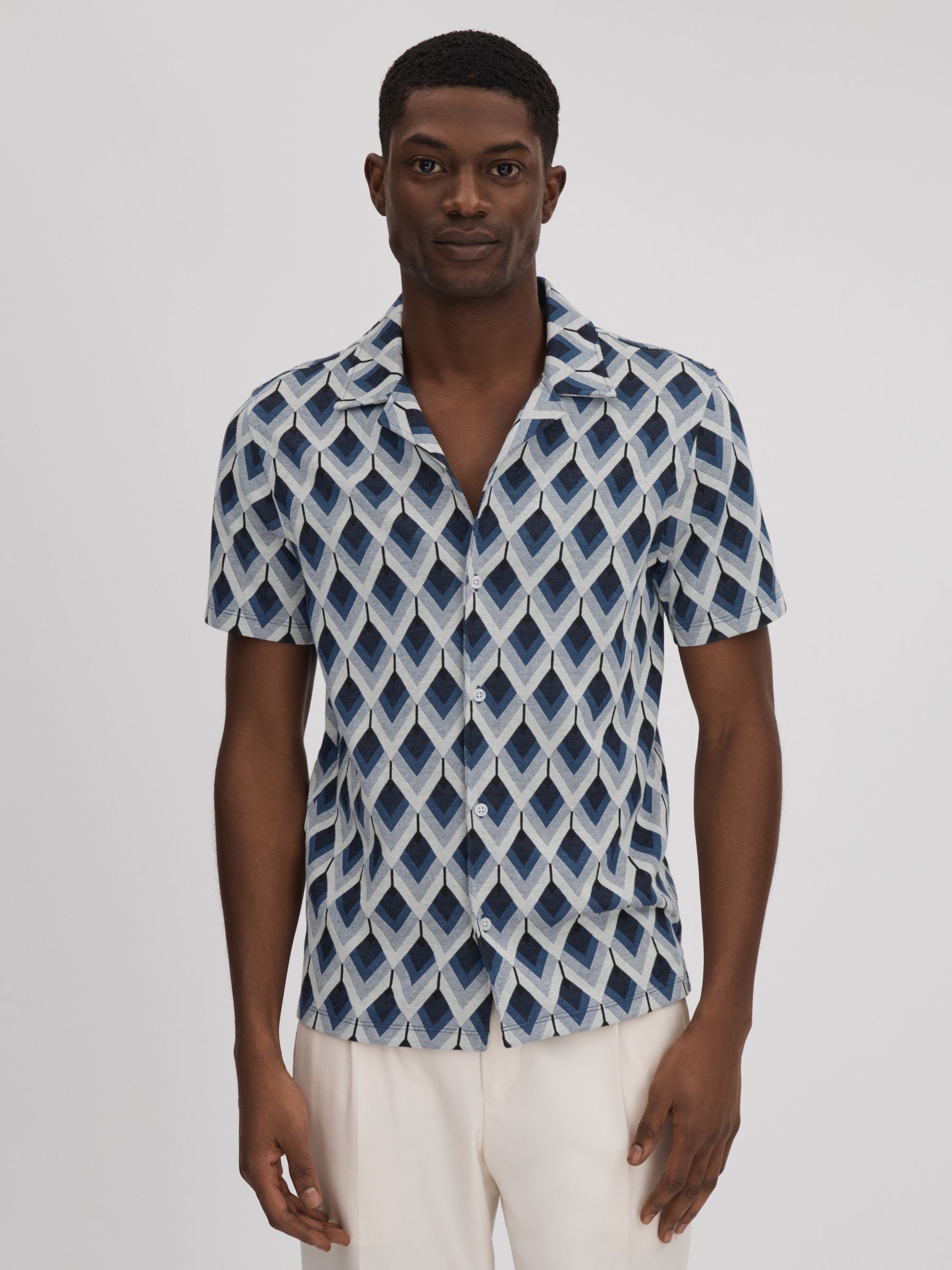 Cotton Blend Jacquard Cuban Collar Shirt in Navy Multi - Image 1 of 7