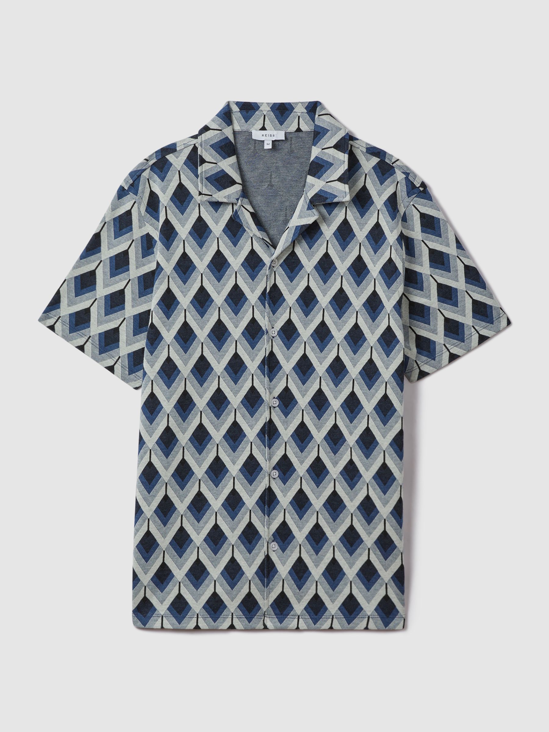 Cotton Blend Jacquard Cuban Collar Shirt in Navy Multi - Image 2 of 7