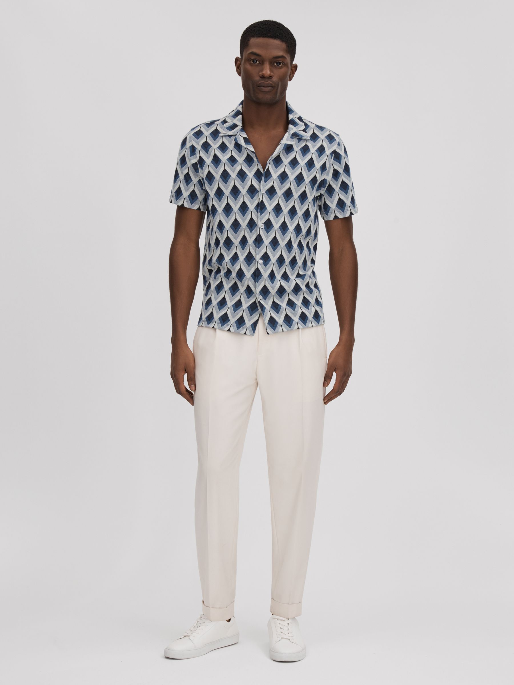 Cotton Blend Jacquard Cuban Collar Shirt in Navy Multi - Image 3 of 7