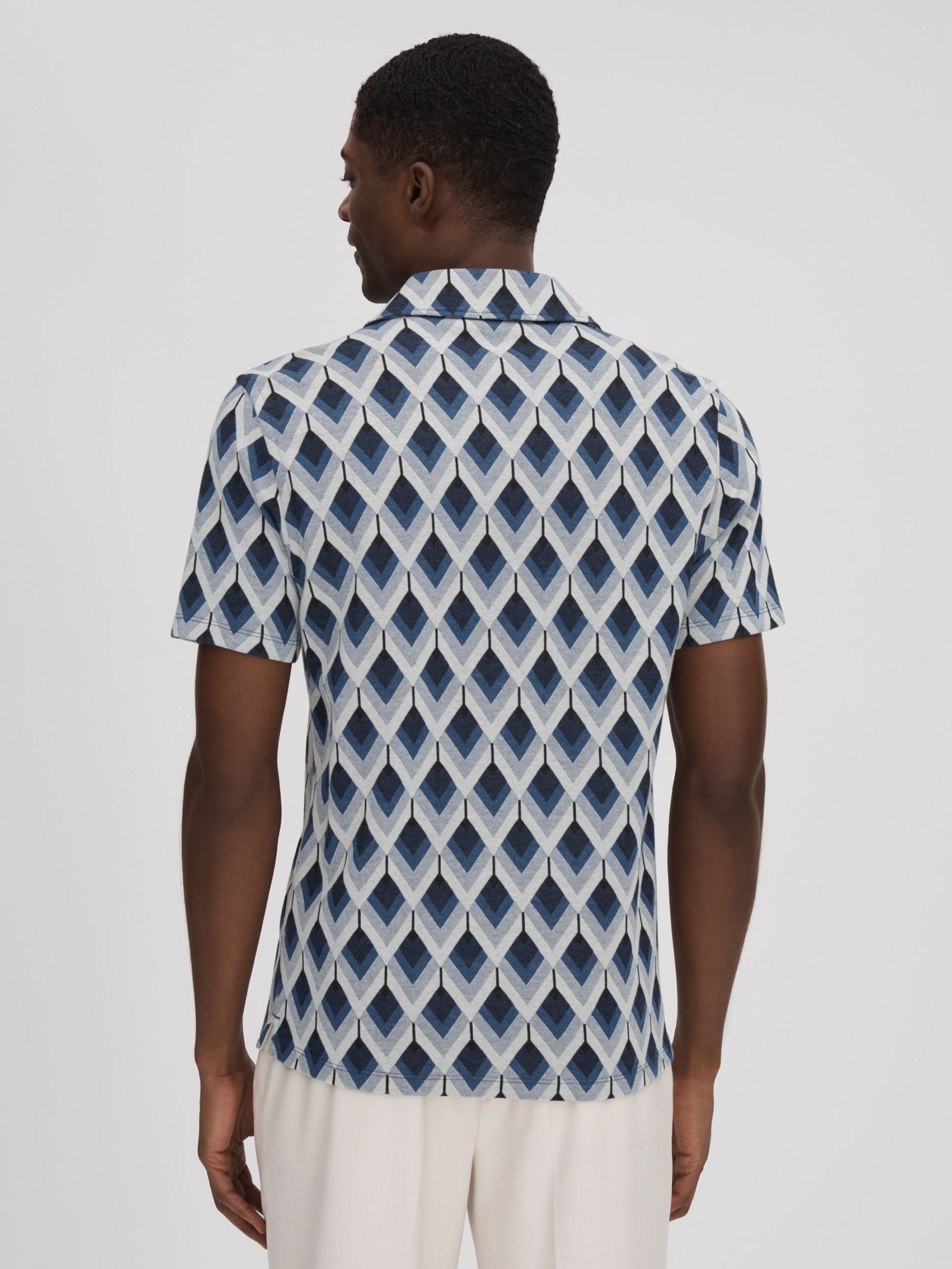 Cotton Blend Jacquard Cuban Collar Shirt in Navy Multi - Image 5 of 7