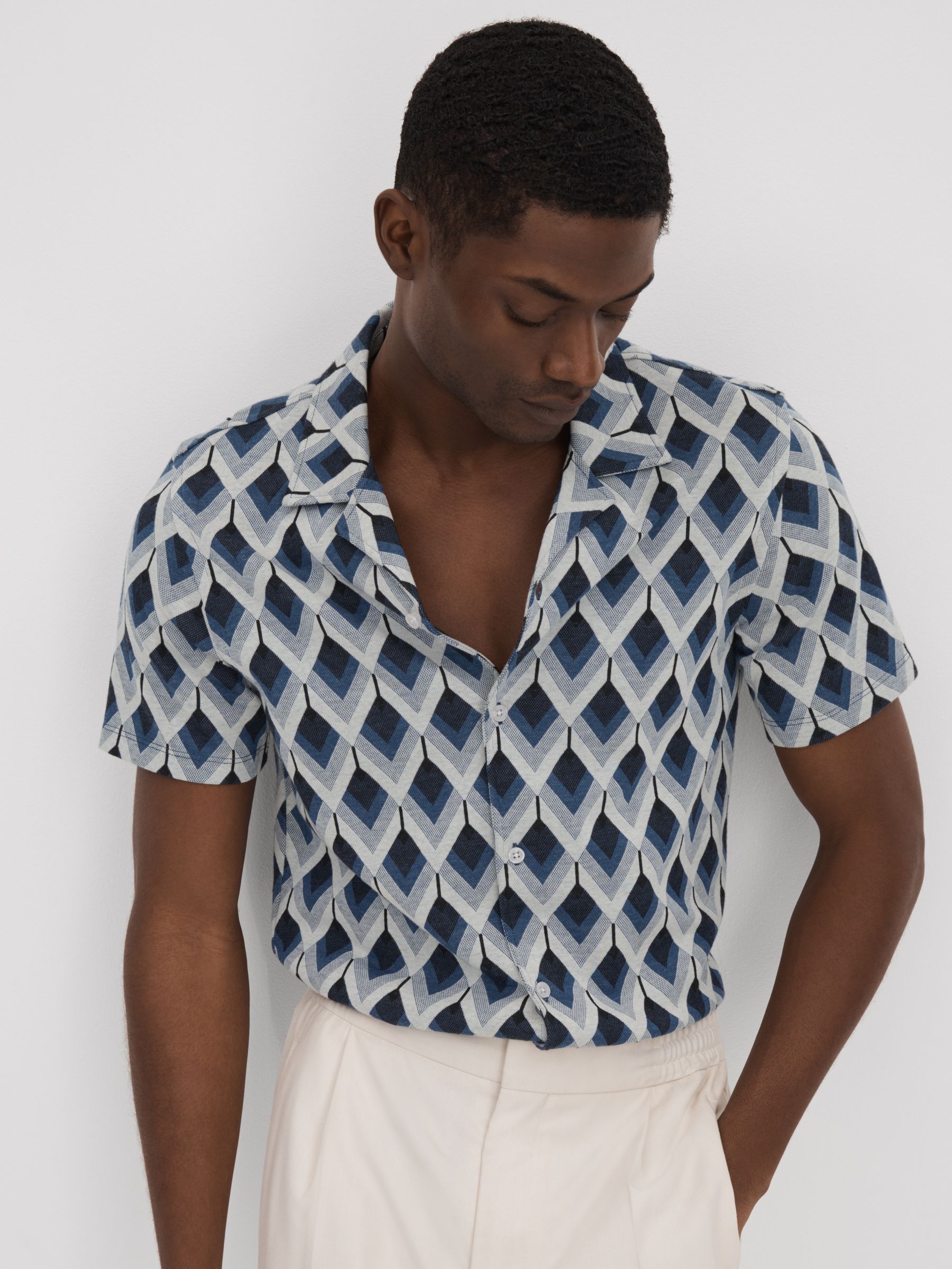 Cotton Blend Jacquard Cuban Collar Shirt in Navy Multi - Image 6 of 7