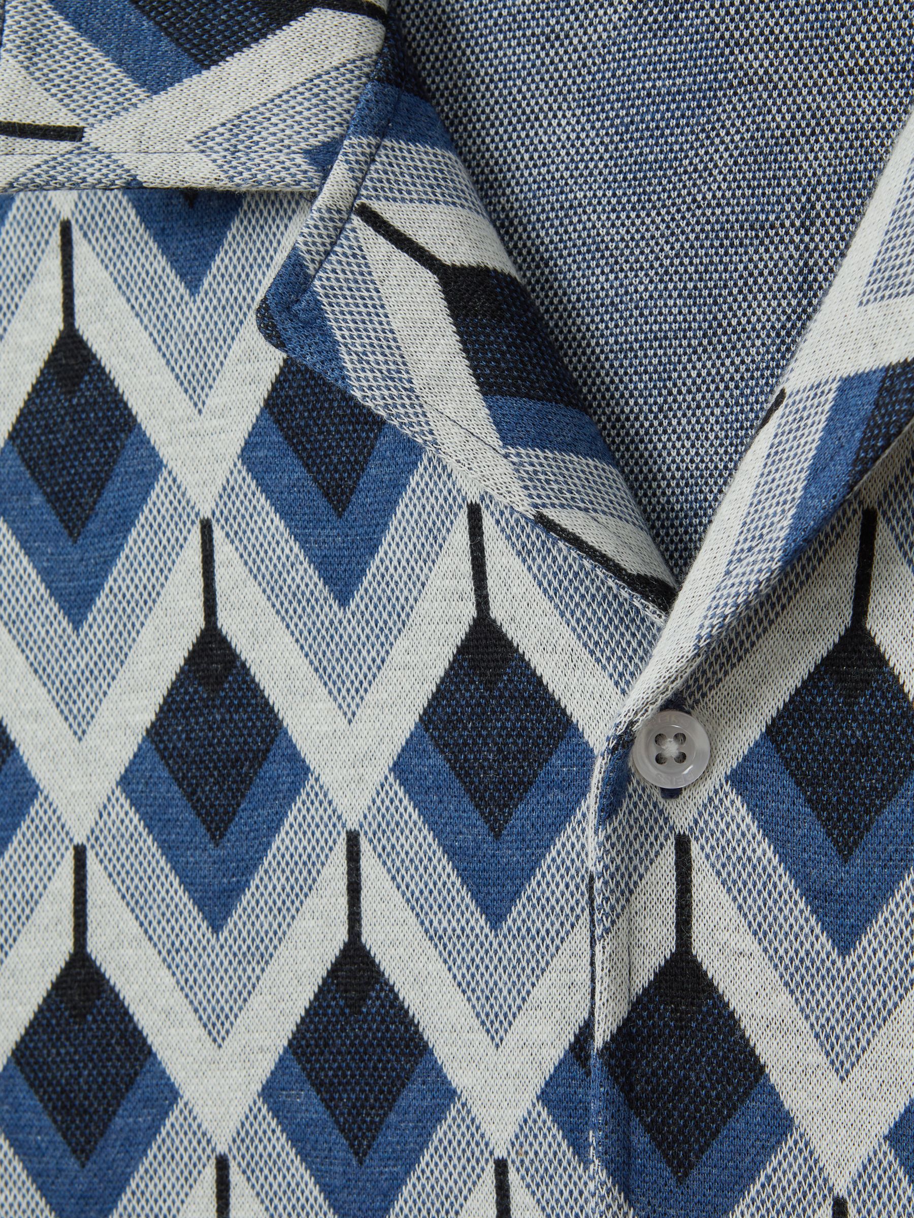 Cotton Blend Jacquard Cuban Collar Shirt in Navy Multi - Image 7 of 7