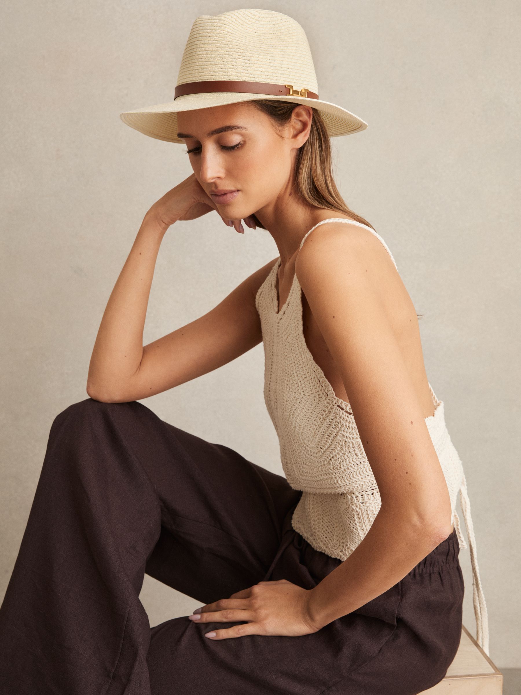 Faux Leather Trim Woven Hat in Natural - Image 2 of 4