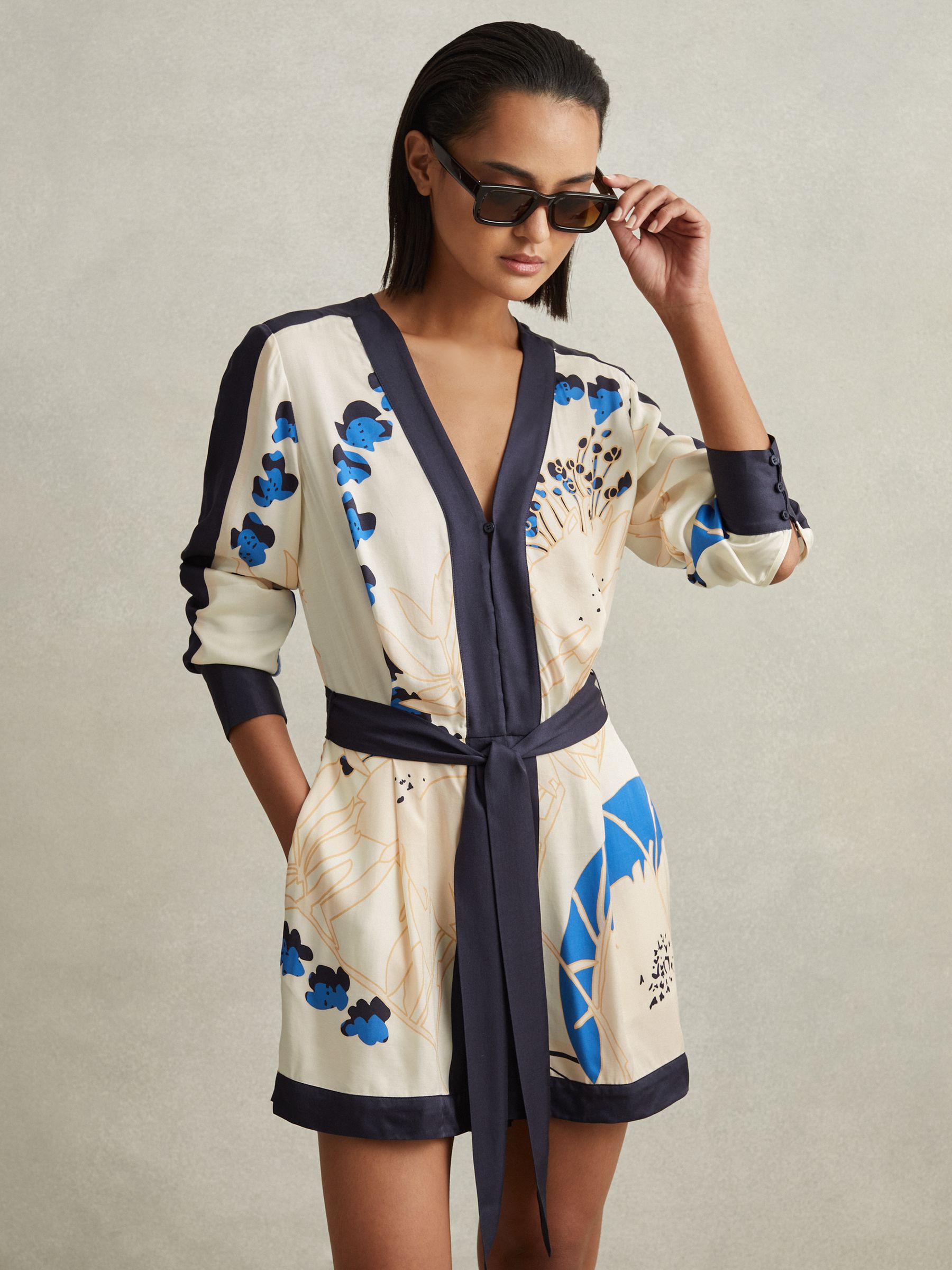 Printed Belted Playsuit in Blue - Image 3 of 6