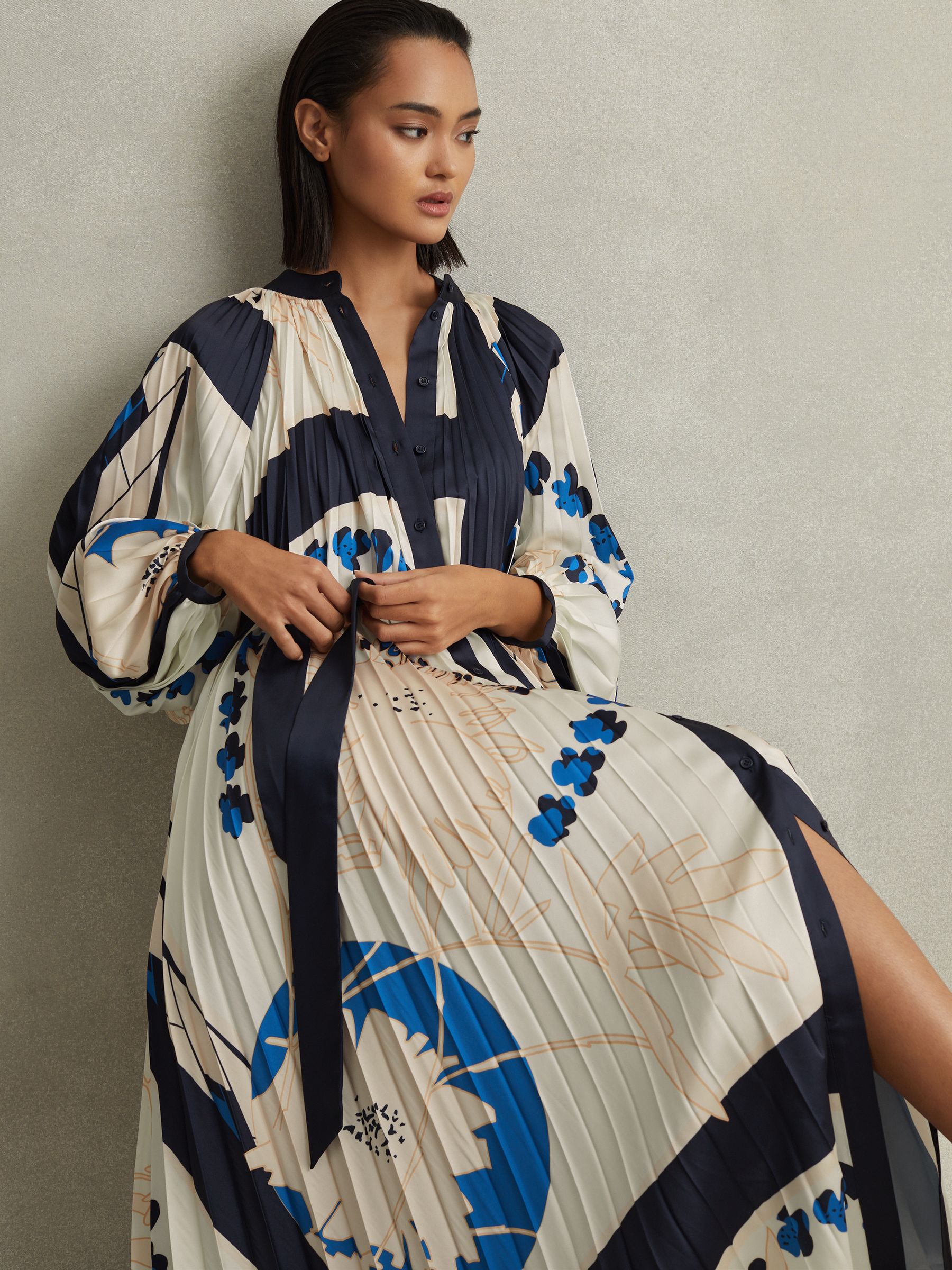 Printed Pleated Maxi Dress in Blue - Image 1 of 7
