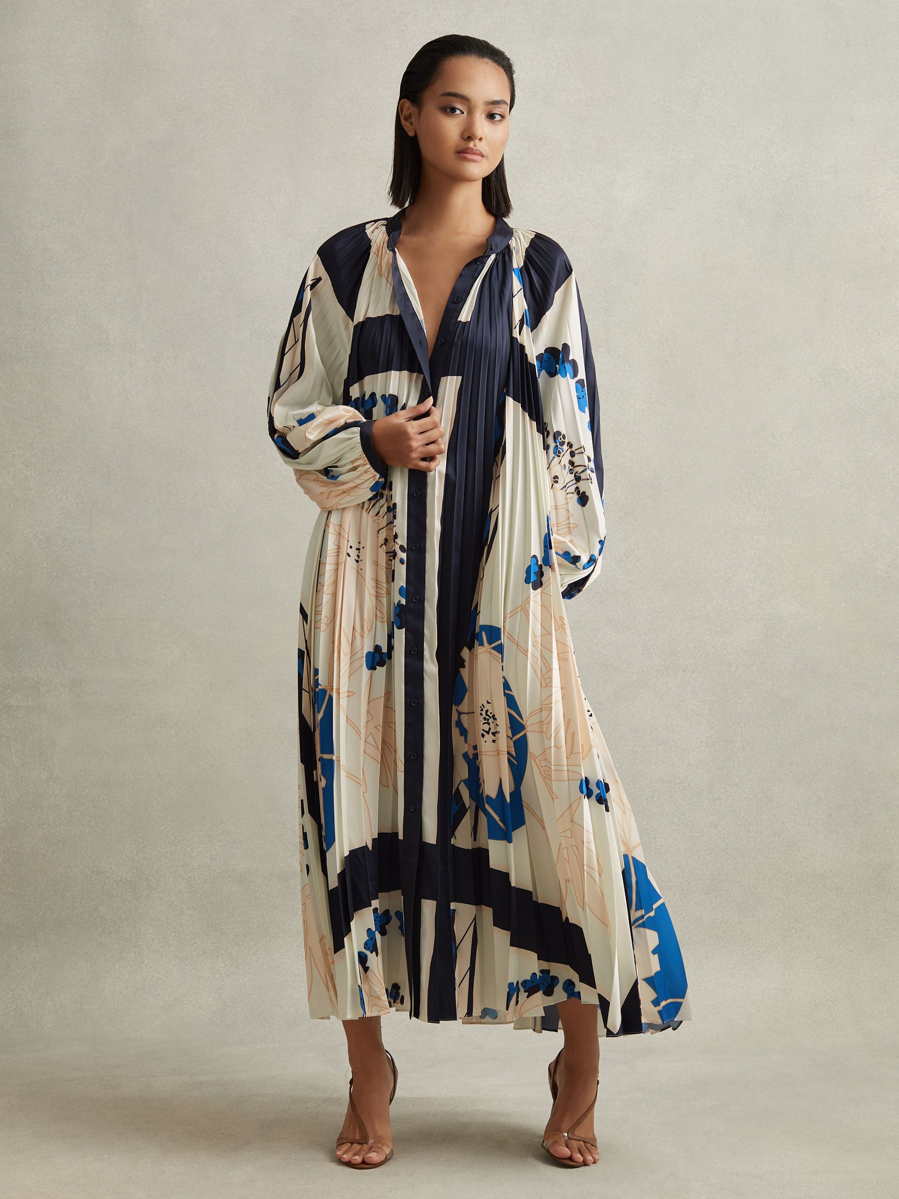 Printed Pleated Maxi Dress in Blue - Image 5 of 7